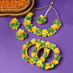 ZENEME Handmade Yellow & Light Green Floral Jewellery Set for Women & Girls | Handcrafted Flower with Pearls Necklace Set with Earrings, Maang Tikka & Pair of Hathphool Bangle | Mehendi, Haldi, Wedding & Bridal Jewallery`