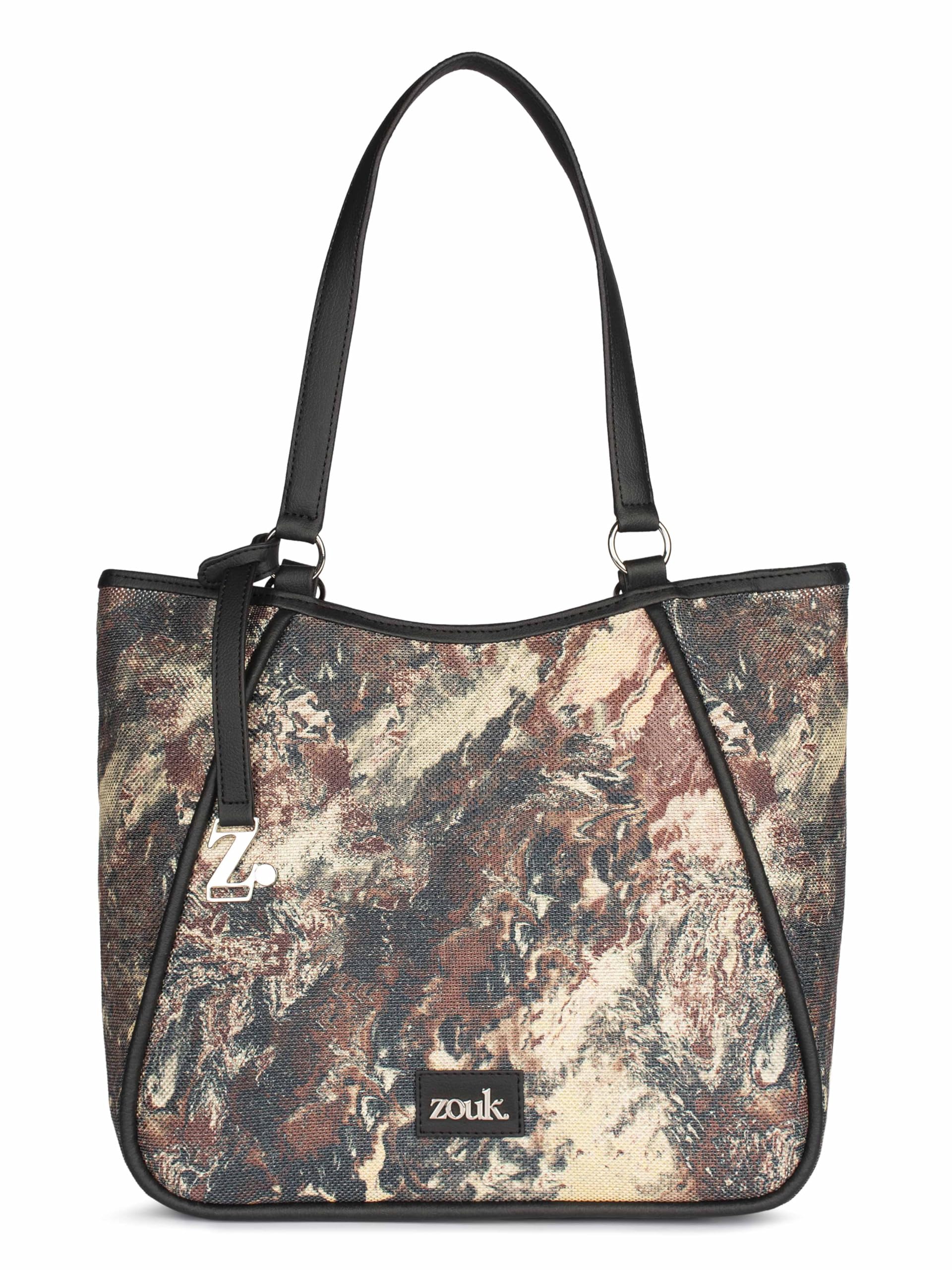 ZOUK Naisha Browns Fluid art Tote Bag for Women | Vegan Leather Large Shoulder Handbag with Bottle Holder, Multiple Pockets & Water-Resistant Lining | Office, Travel & Daily Use | Malabar Cascades