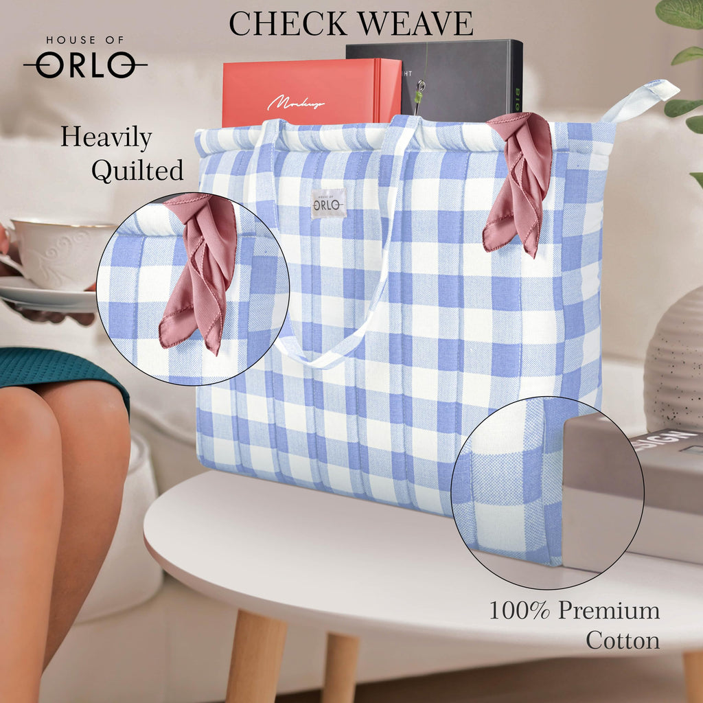 HOUSE OF ORLO: Pinteresty QUILTED 100% Cotton Checked Tote Bags with Zipper for Women - For College, Travel, Work and Daily Use -Small, Powder Blue