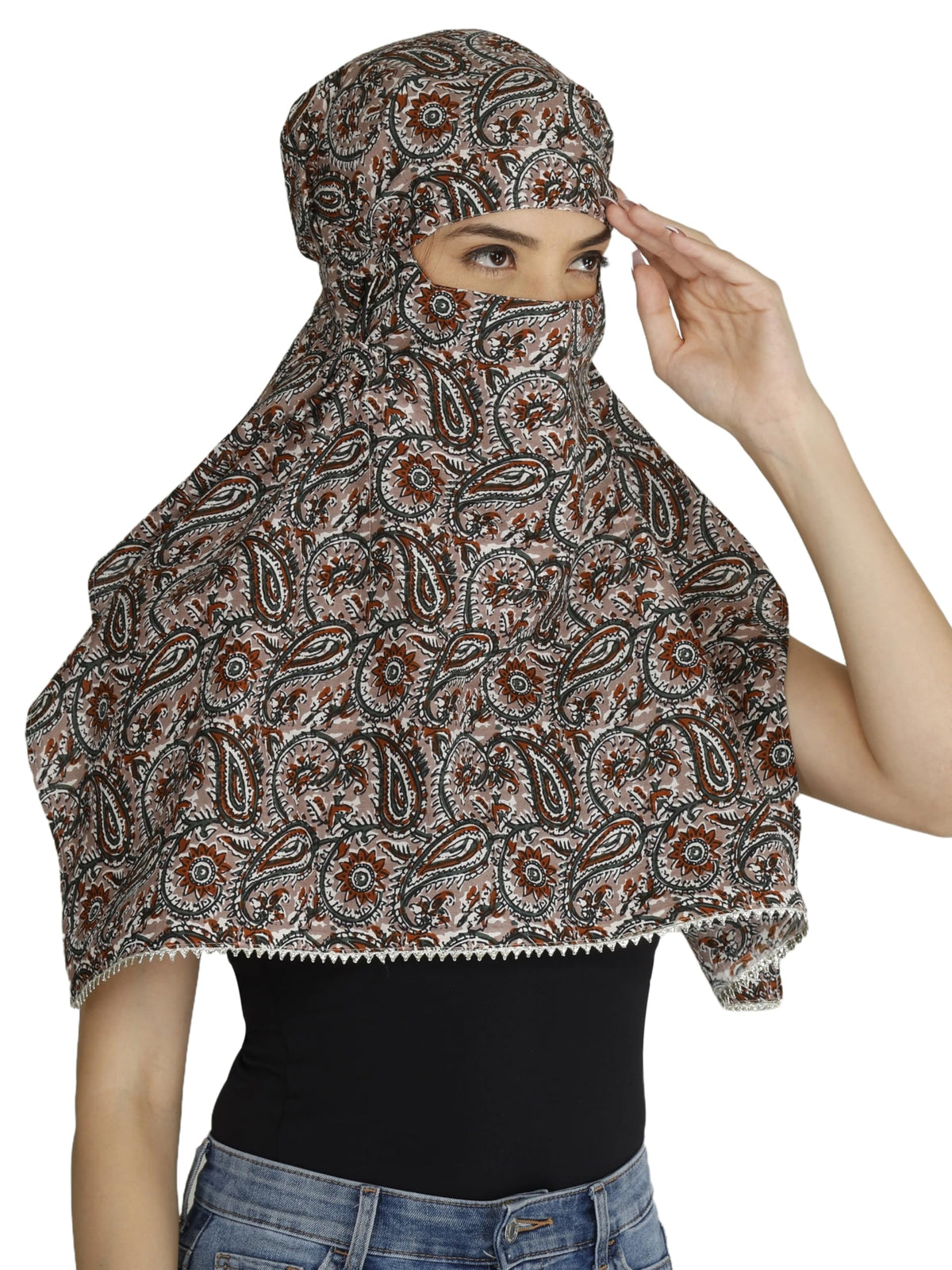 DEEPNYRA - LIVING STYLE Women and Girls Printed Scarf Cum Face Cover Mask Head Neck Face Safety Sun Protection Scarf Mask Head Bandana Wrap Pure Cotton Printed Stole (Grey Paisley)