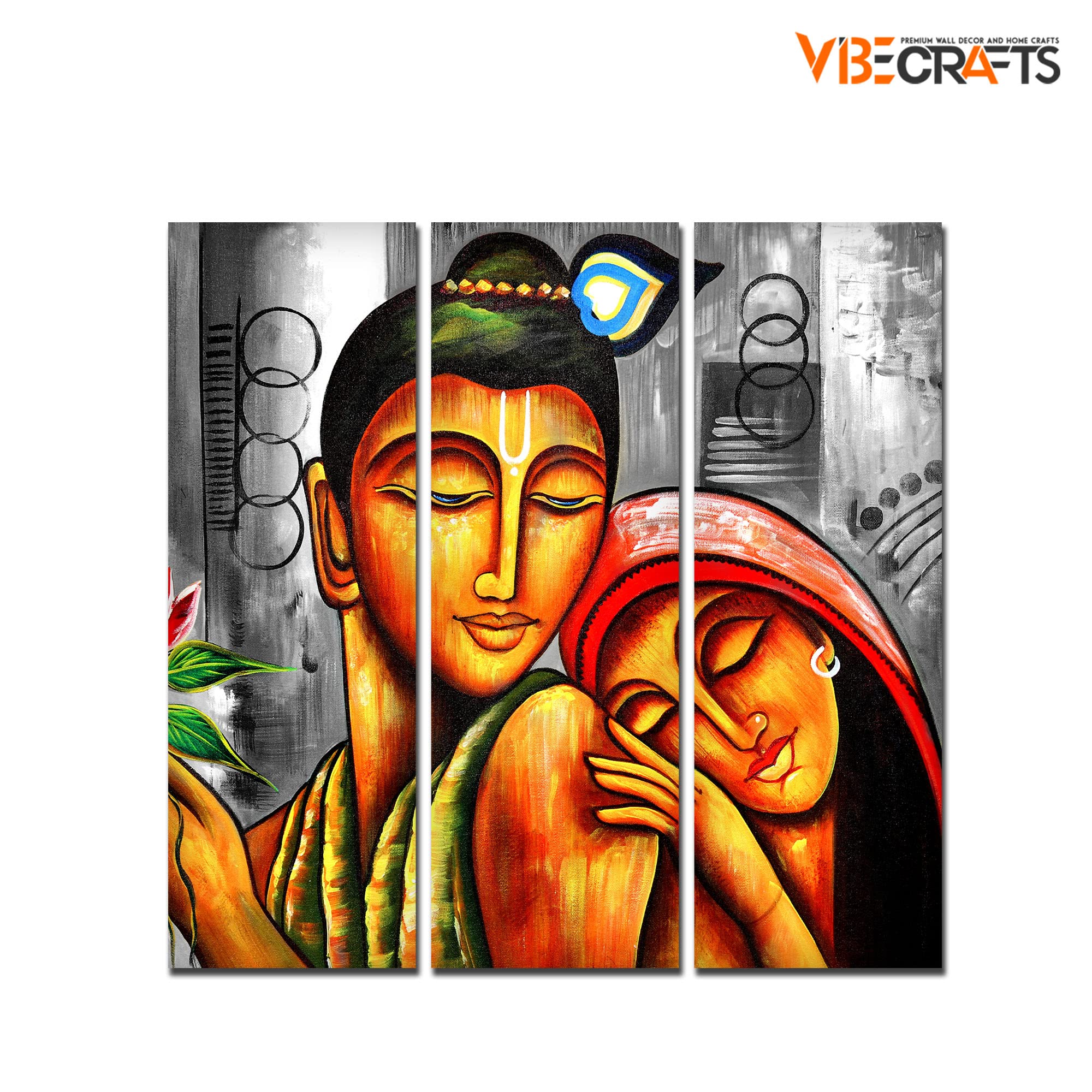 VIBECRAFTS 3 Pieces Shree Radha Krishna Canvas Wall Painting Fitted With Wooden Frame For Home | Office | Living Room | Gifts (PTVC3Pcs1_9537)