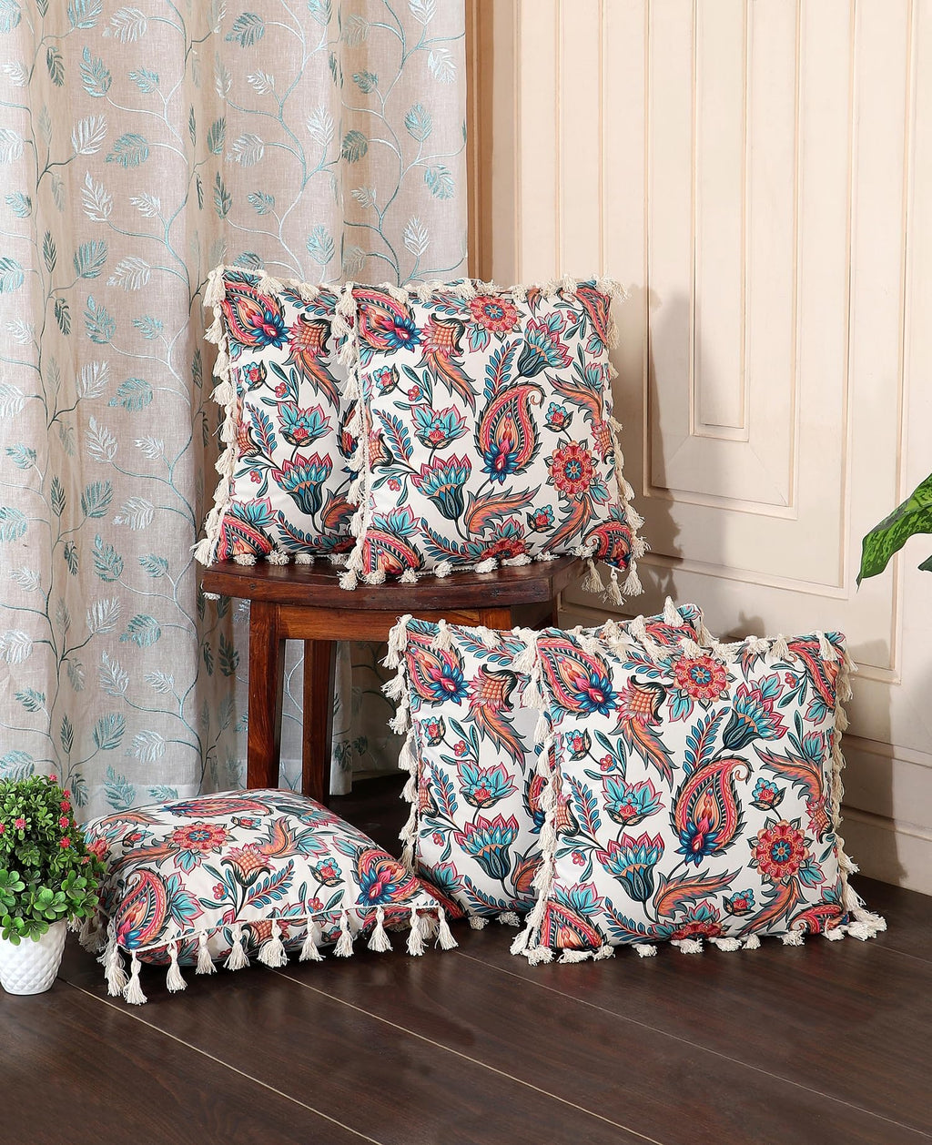 ishro home Premium Cushion Cover 18 inch x 18 inch | Set of 5 – Soft European Standard Fabric, Frill Design, Machine Washable | (5, Paisley Fiesta, 18x18 Inch)