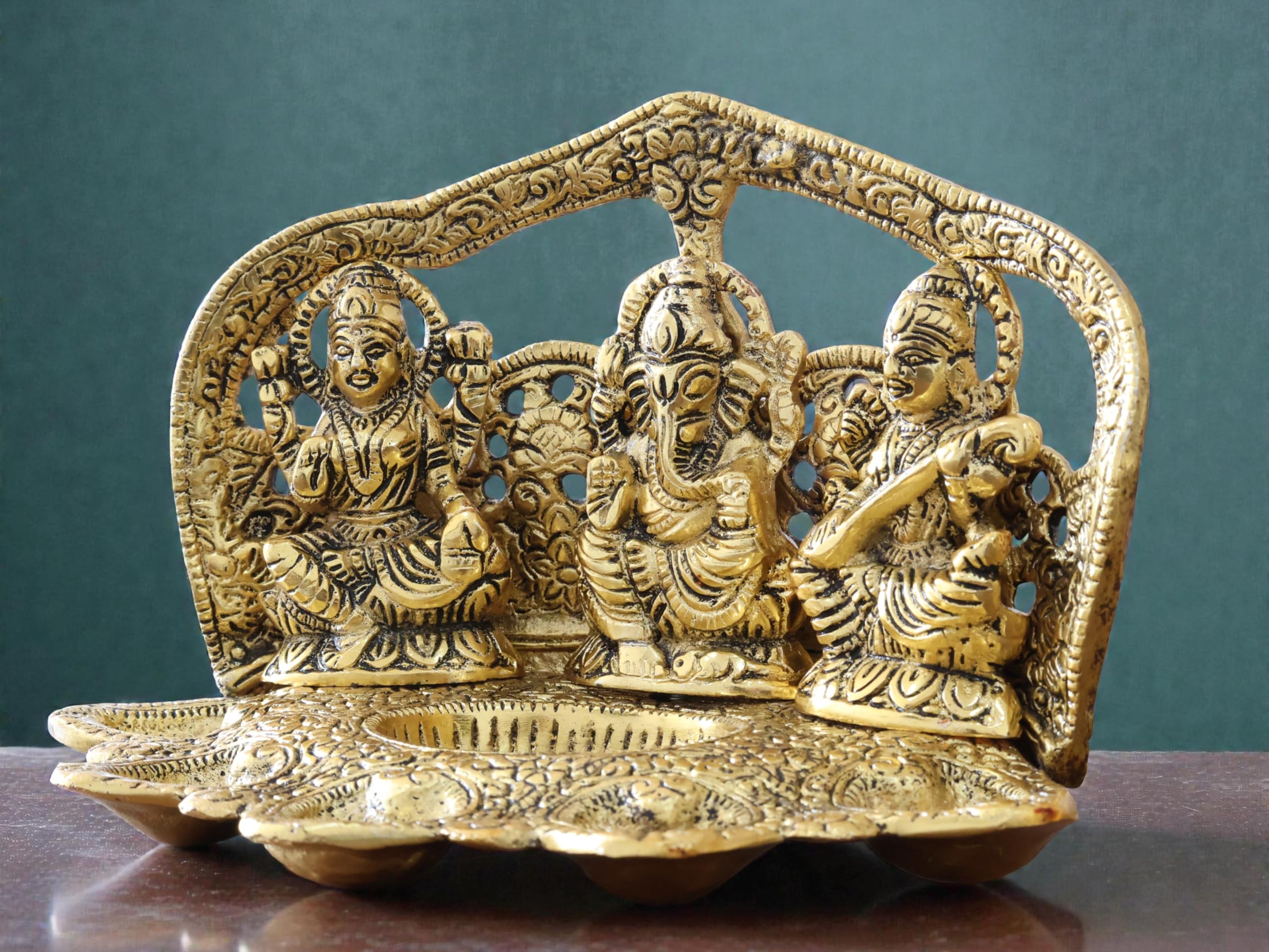 Kridaykraft Metal Laxmi Ganesha Saraswati Idol with 5 Oil Lamp Diya - Religious Murti for Home Decor, Puja, and Diwali Gifting (21 cm, 650g, Antique Gold Finish)