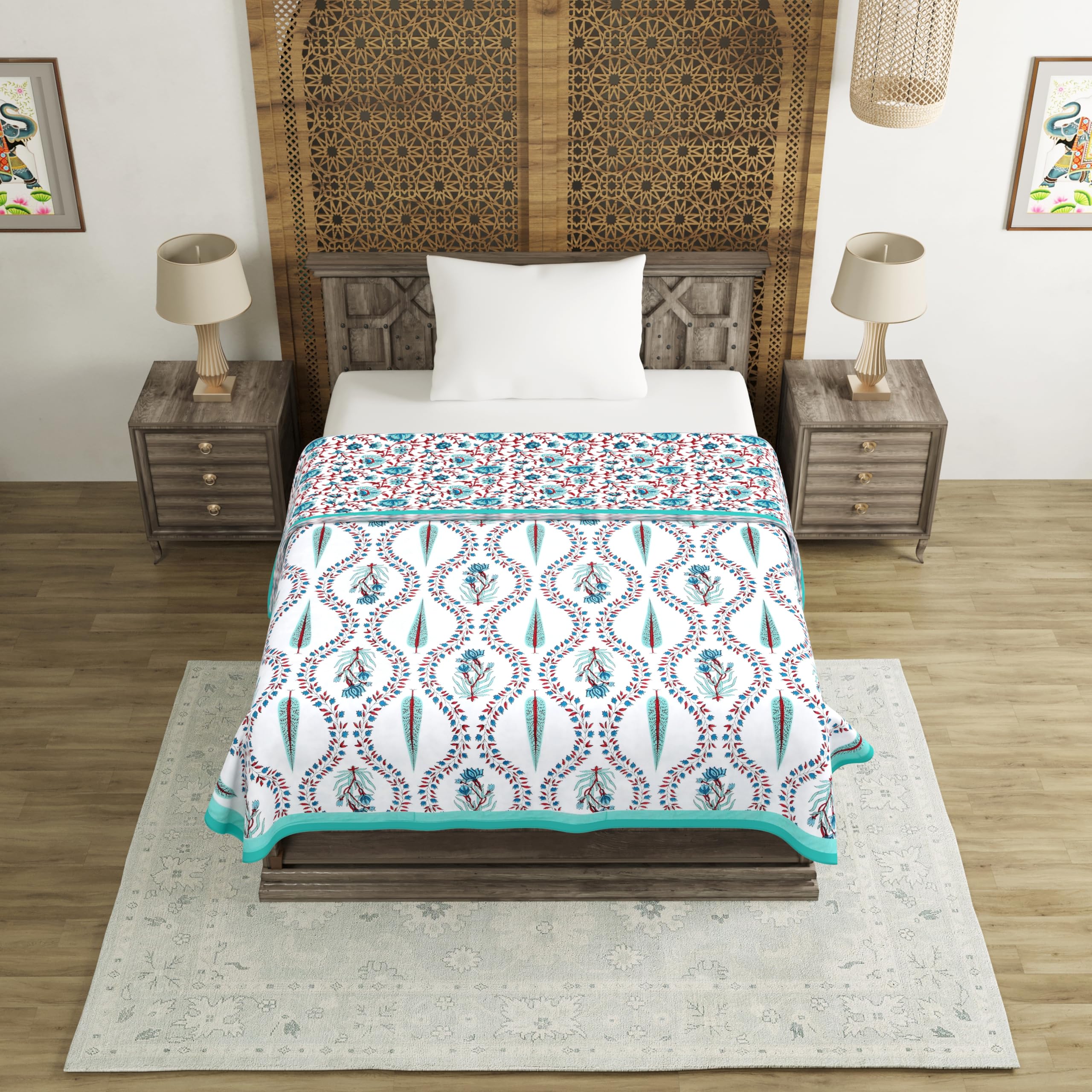 BLOCKS OF INDIA Hand Block Printed Cotton Single Size Reversible Malmal Dohar for Summer (Turq Patti) Kafalo