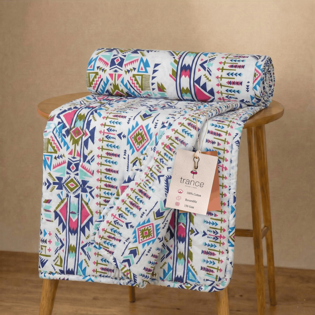 Trance Home Linen Premium 100% Cotton Dohar for Double Bed | 150 GSM | Reversible Ac Comforter | Light Weight All Season Soft Blanket (84x88 Inches | Aztec Sea Blue) Kafalo