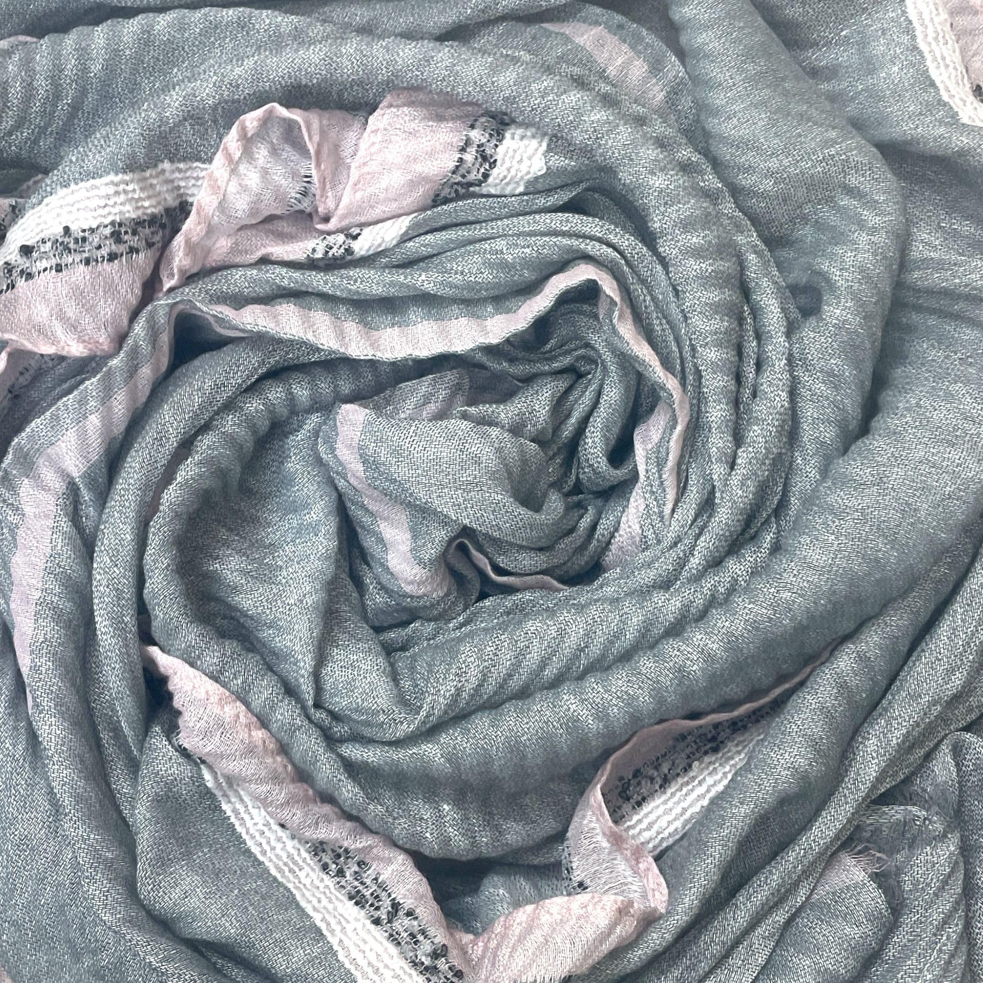 FAHABO Scarf Woman Pleated Cotton with Woven Border Scarves | Hijab Scarf | Headscarf | Neck Scarf | Stoles | Wraps (Light Grey)
