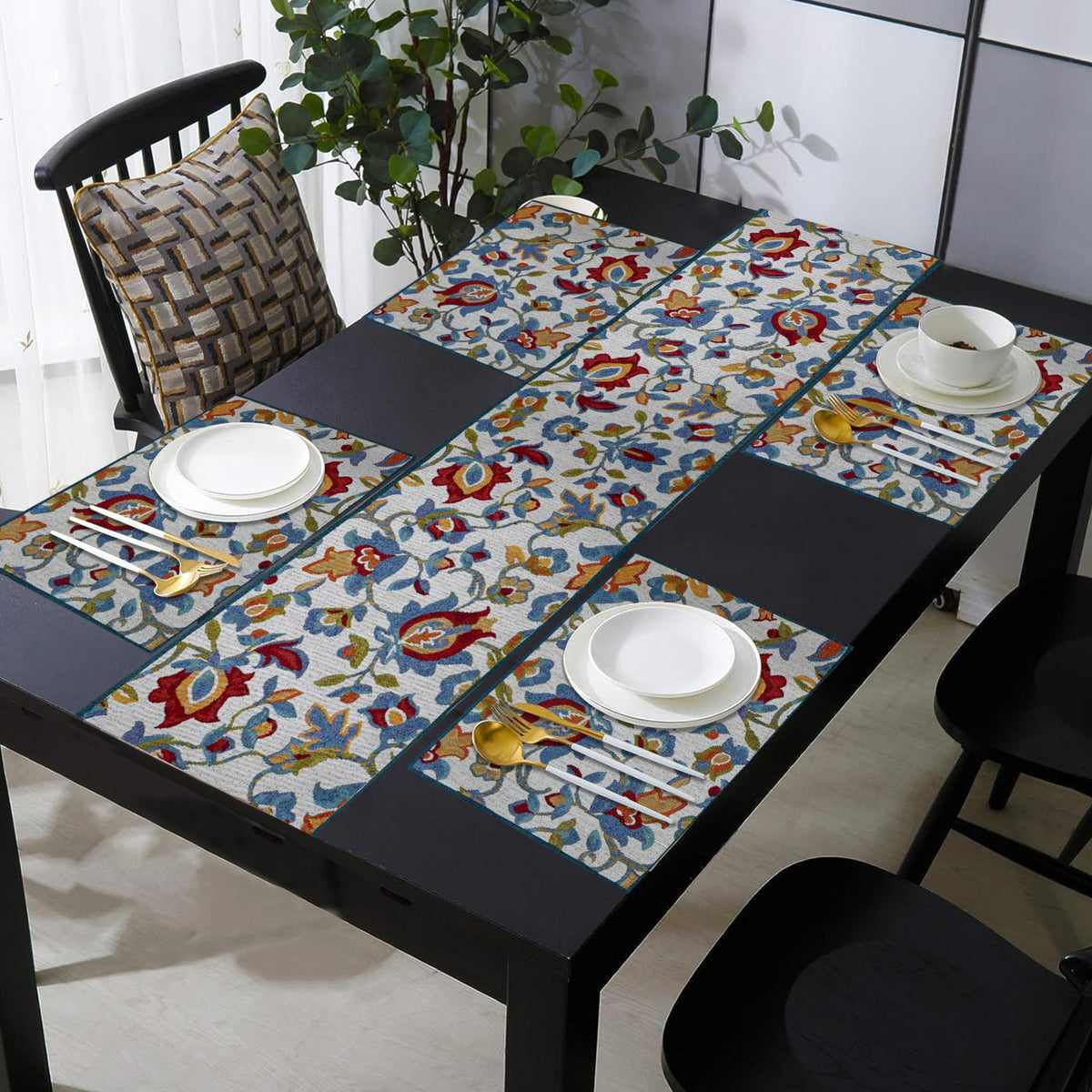 PRAKARTIK BY INDUARTS Rangoli Flower Tapestry Eco-Friendly Cotton Dining Table Mats with Runner – Reusable, Machine Washable, Everyday Use Multicolor Rectangular Placemats, Set of 4+135 cm Runner Kafalo