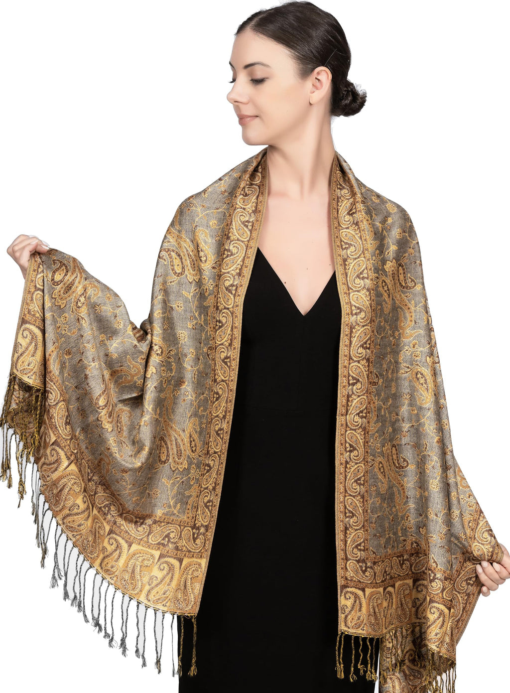 Achillea Soft Silky Reversible Paisley Pashmina Shawl Wrap Scarf w/Fringes