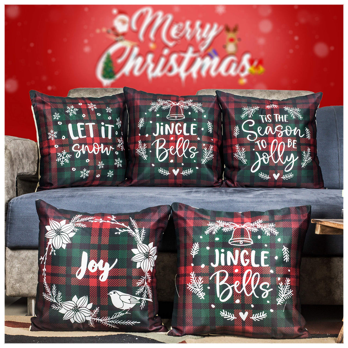 Vendola Decorative Merry Christmas Satin Cushion Cover 16 Inch x 16 Inch, Set of 5, 16 16, Sofa Pillow Cover Set for Home, Sofa & Living Room, Checks Print, Red, Green and White, 16X16 Inches