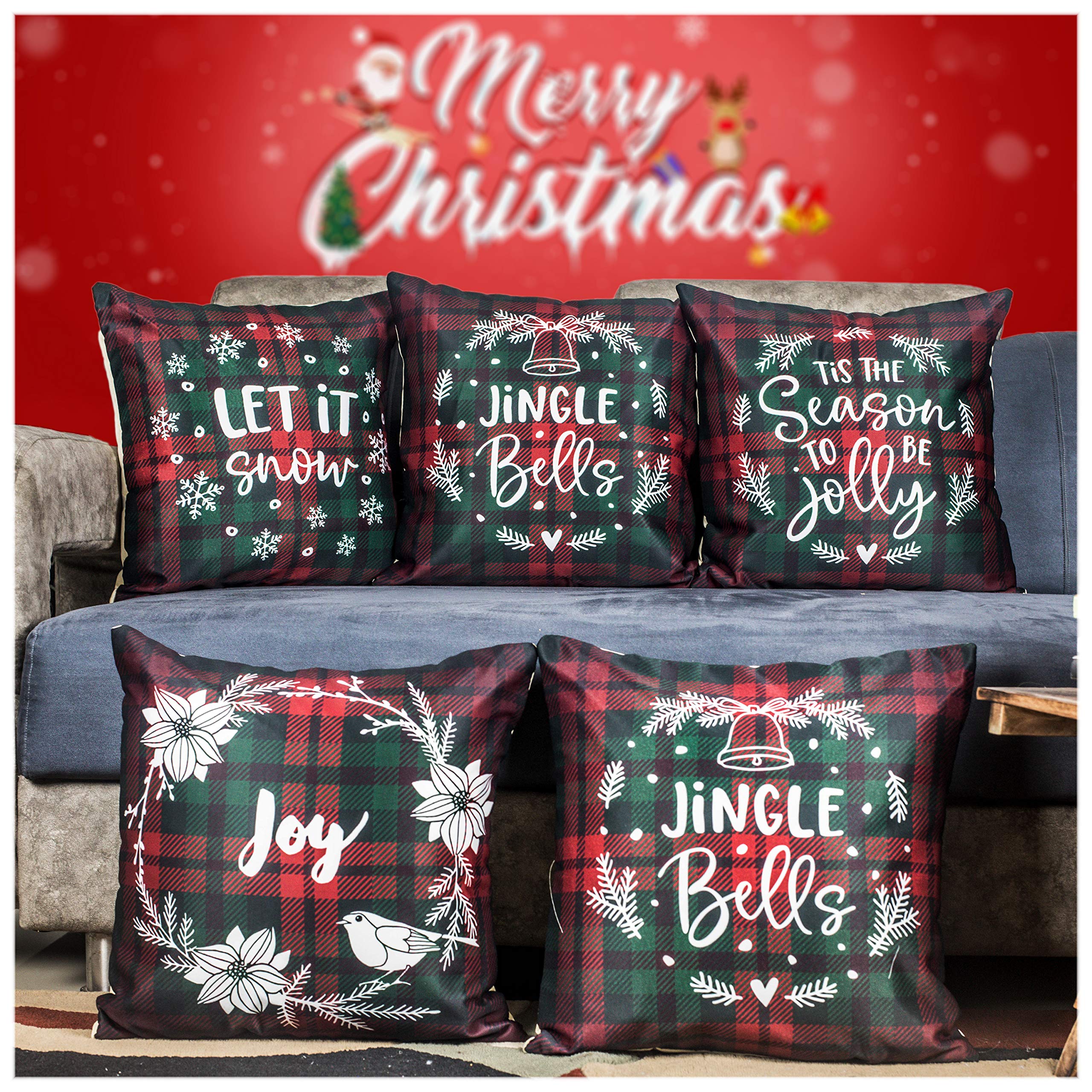 Vendola Decorative Merry Christmas Satin Cushion Cover 12 Inch x 12 Inch, Cushion Covers Set of 5, Sofa Pillow Cover Set for Home, Sofa & Living Room, Checks Print, Red, Green and White, 12X12 Inches