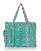 NIKAVIK Quilted Cotton Jaipuri Tote bag (with seperate Bottle Pocket & Zip) – Exotic Animal Print Foldable and Ideal for Travel Shopping Beach Trips or Daily Essentials (Aqua Blue Pink)