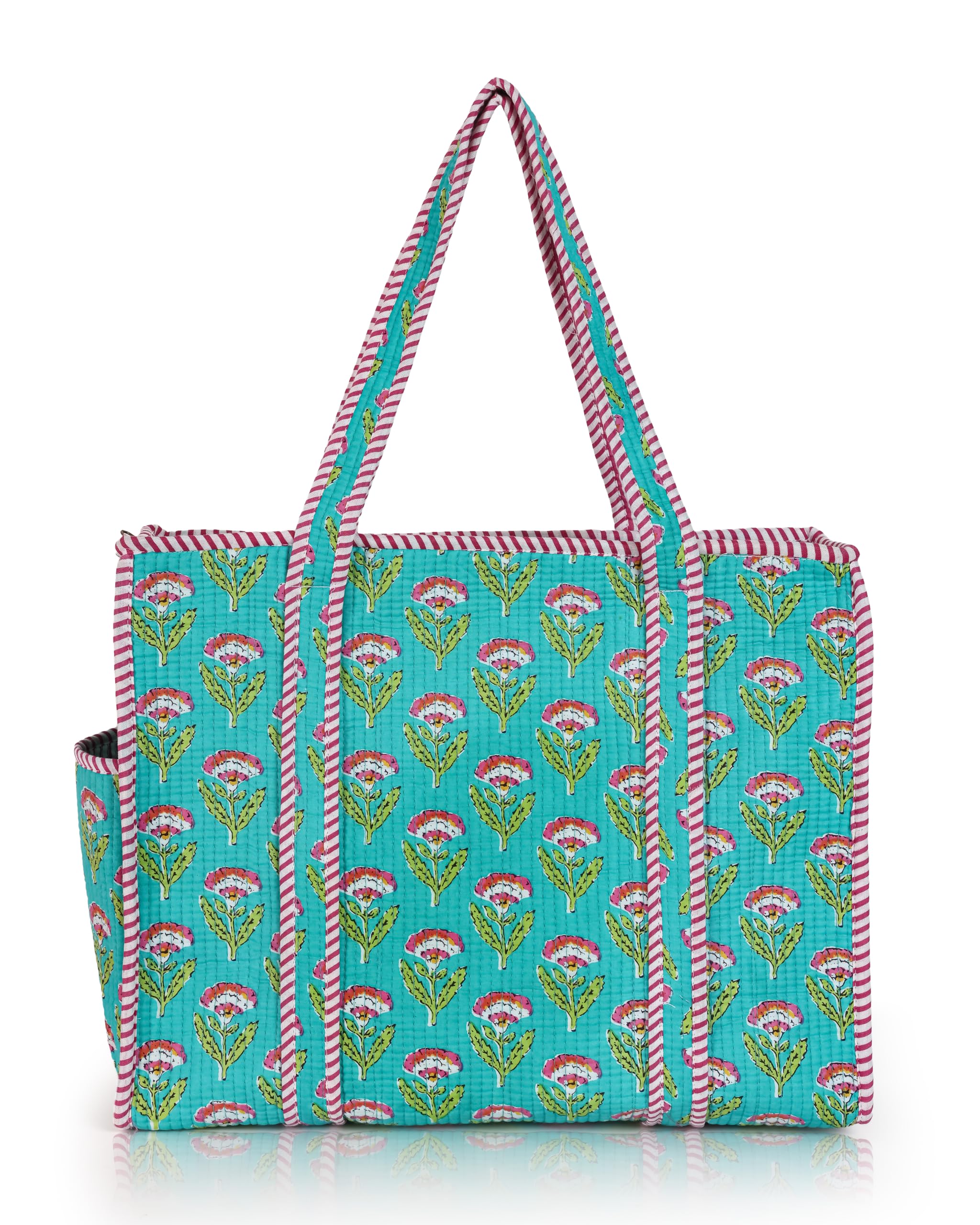 NIKAVIK Quilted Cotton Jaipuri Tote bag (with seperate Bottle Pocket & Zip) – Exotic Animal Print Foldable and Ideal for Travel Shopping Beach Trips or Daily Essentials (Aqua Blue Pink)