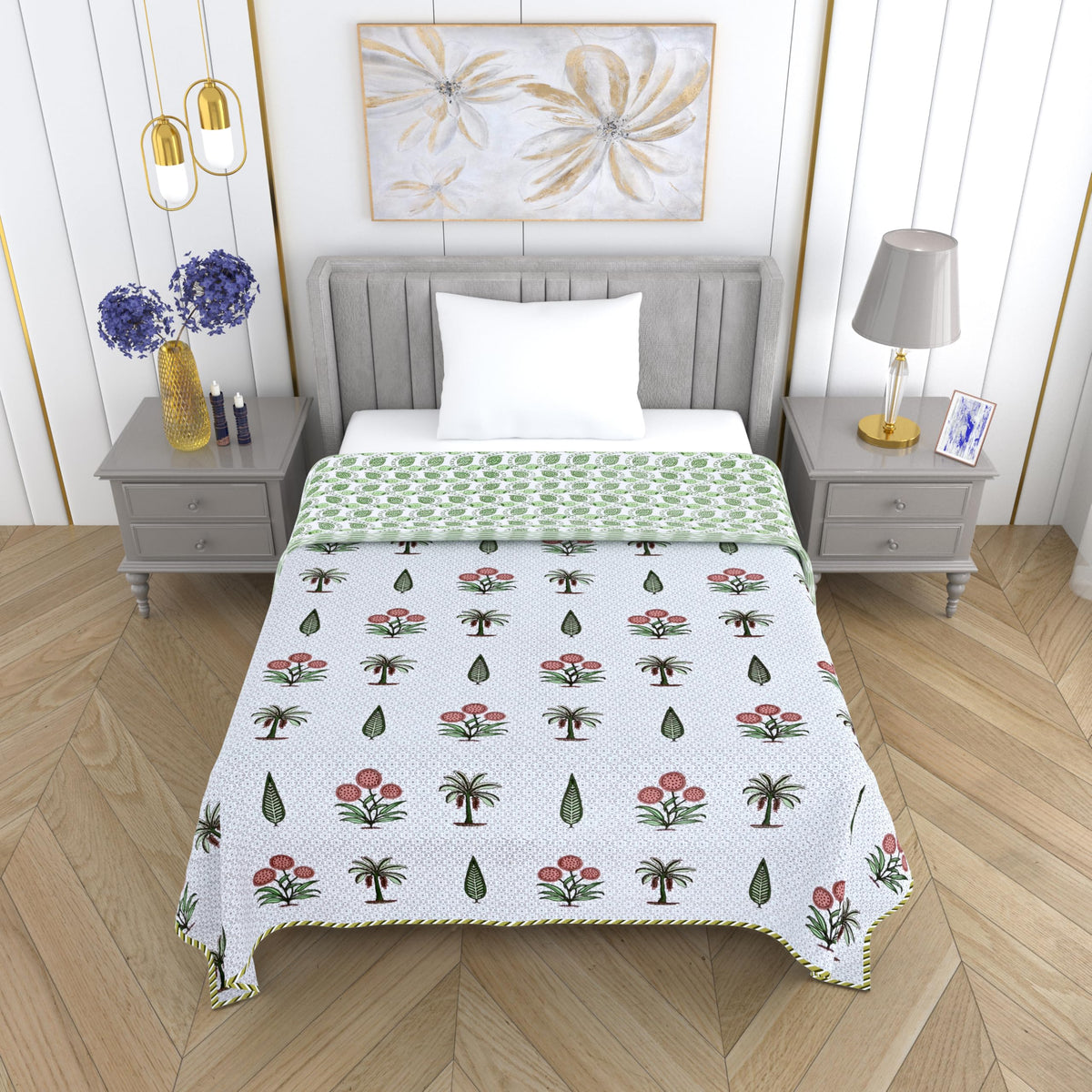 Mafatlal Royal Dohar Single Bed, 300 GSM Cambric Cotton Reversible AC Blanket, Soft Lightweight Cotton Blanket for Summer & AC Rooms, 152 x 228 cm, Patina Green Kafalo