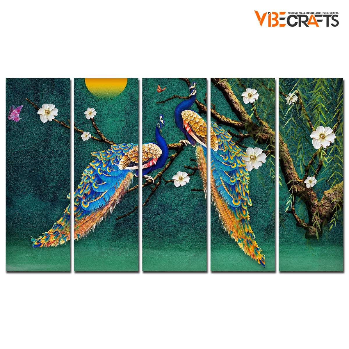 VIBECRAFTS Beautiful Pair of Peacock 5 Pieces Canvas Wall Painting For Home | Office | Living Room | Gift (PTVC5Pcs4_8528)