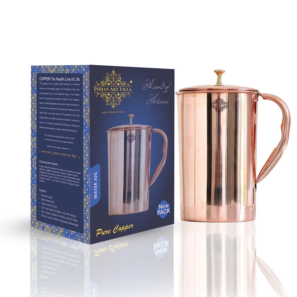 Indian Art Villa Plain Shine Design Copper Jug Pitcher with Brass Knob, Storage & Serving Water, Yoga Ayurveda Healing, Volume- 2000 ML