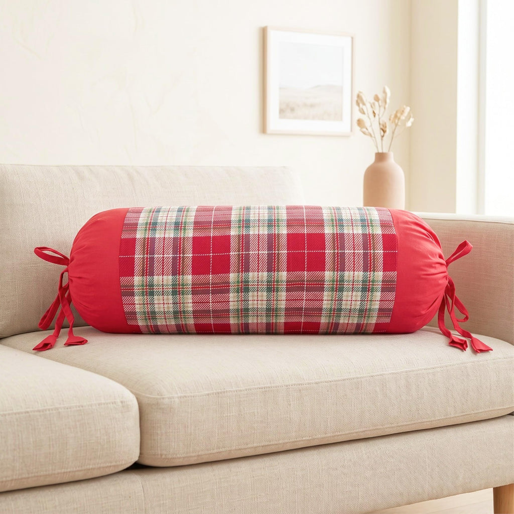 SAJAVAT HOME Red Check Bolster Pillow Cover Set of 2 | 32x15 Inch Side Cushion Covers with Adjustable Ties for Sofa, Couch, Bed & Diwan