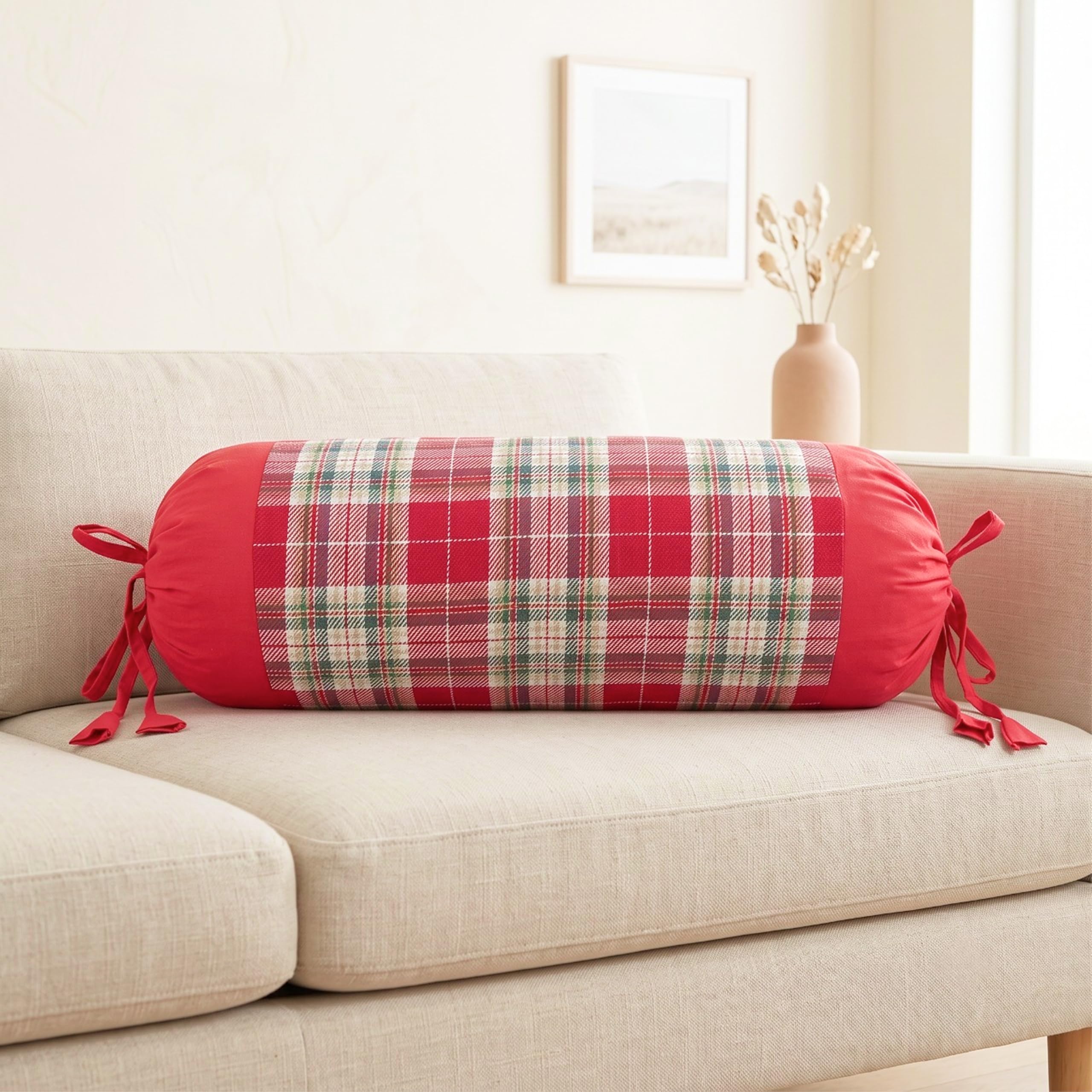 SAJAVAT HOME Red Check Bolster Pillow Cover Set of 2 | 32x15 Inch Side Cushion Covers with Adjustable Ties for Sofa, Couch, Bed & Diwan