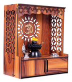 Krevvy Mandir for Home Small Size with Door | Compact Puja Mandir Temple | Assembly Required | Wall Mounted Wooden Temple for Home and Office with LED Light (H-18, L-16, W-8.5 inch)
