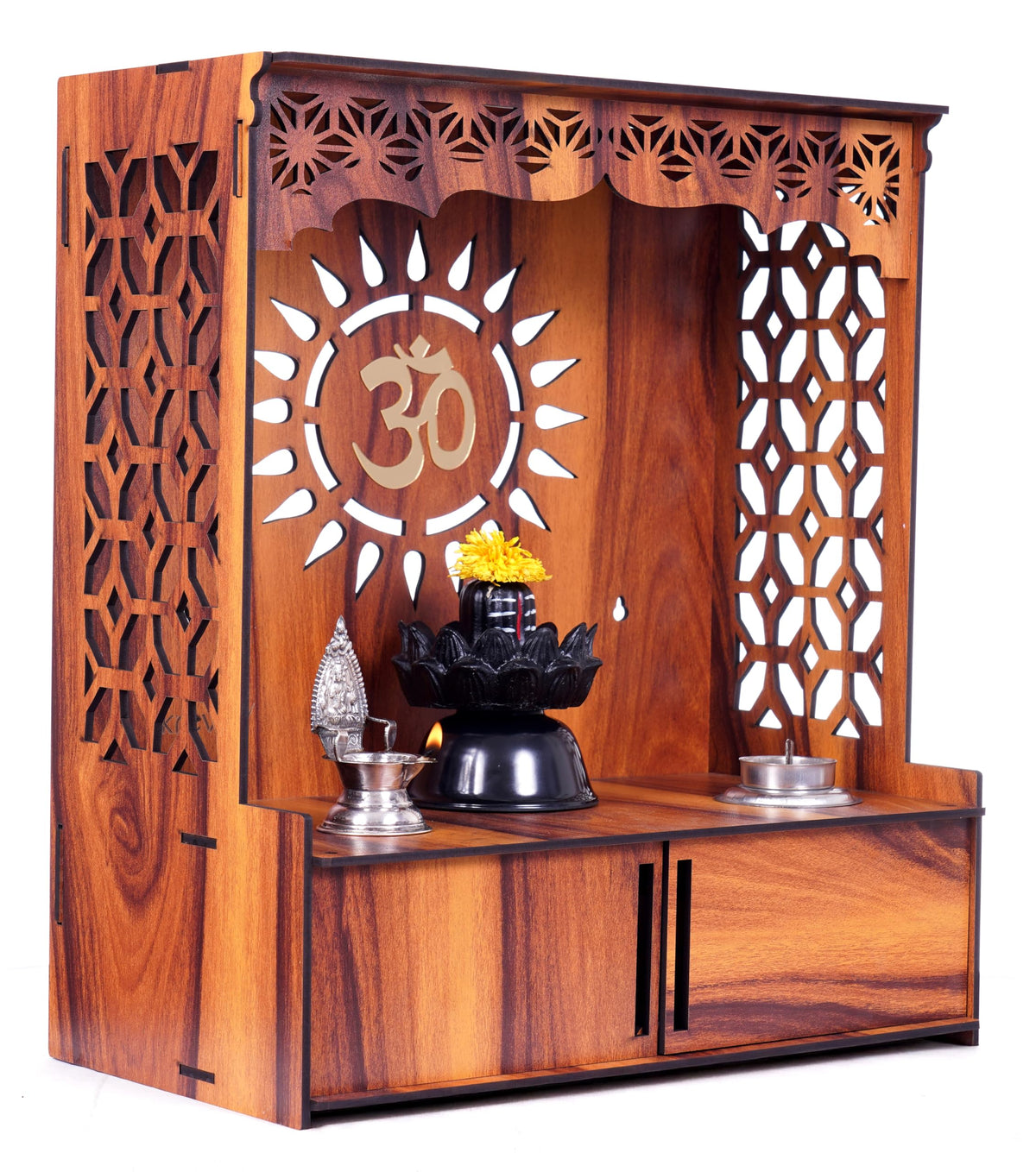 Krevvy Mandir for Home Small Size with Door | Compact Puja Mandir Temple | Assembly Required | Wall Mounted Wooden Temple for Home and Office with LED Light (H-18, L-16, W-8.5 inch)