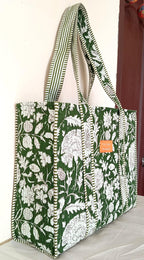 Cotton Tote bag for Women | Shoulder Bag | Reversible Bag | Durable Shopping bag | Reusable Grocery Bags | Eco friendly Bags| Handmade Cotton Bag | Stylish Quilted handBag (Dark Geen White)