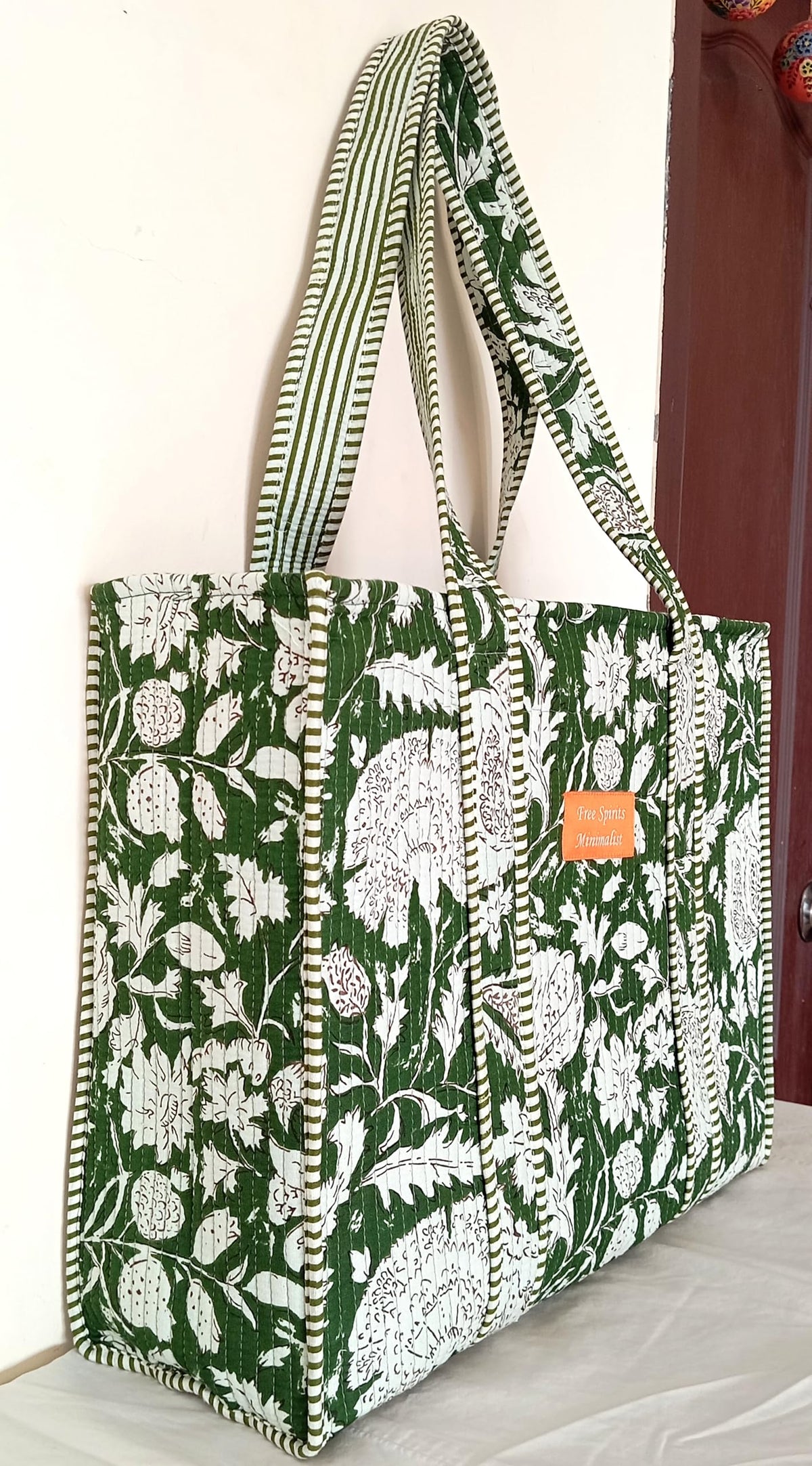 Cotton Tote bag for Women | Shoulder Bag | Reversible Bag | Durable Shopping bag | Reusable Grocery Bags | Eco friendly Bags| Handmade Cotton Bag | Stylish Quilted handBag (Dark Geen White)