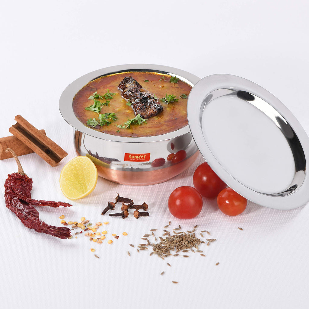 Sumeet Stainless Steel Copper Bottom Belly Shape 5 Pc Tope/Cookware/Pot Set with Lid 1.1Ltr, 1.4Ltr 1.75Ltr, 2.4Ltr, 3Liters (Silver)