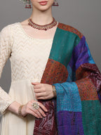 Exotic India Women's Multi-Color Patchwork Reversible from Kolkata with Kantha Stitch Embroidery All-Over Pure Silk Shawl