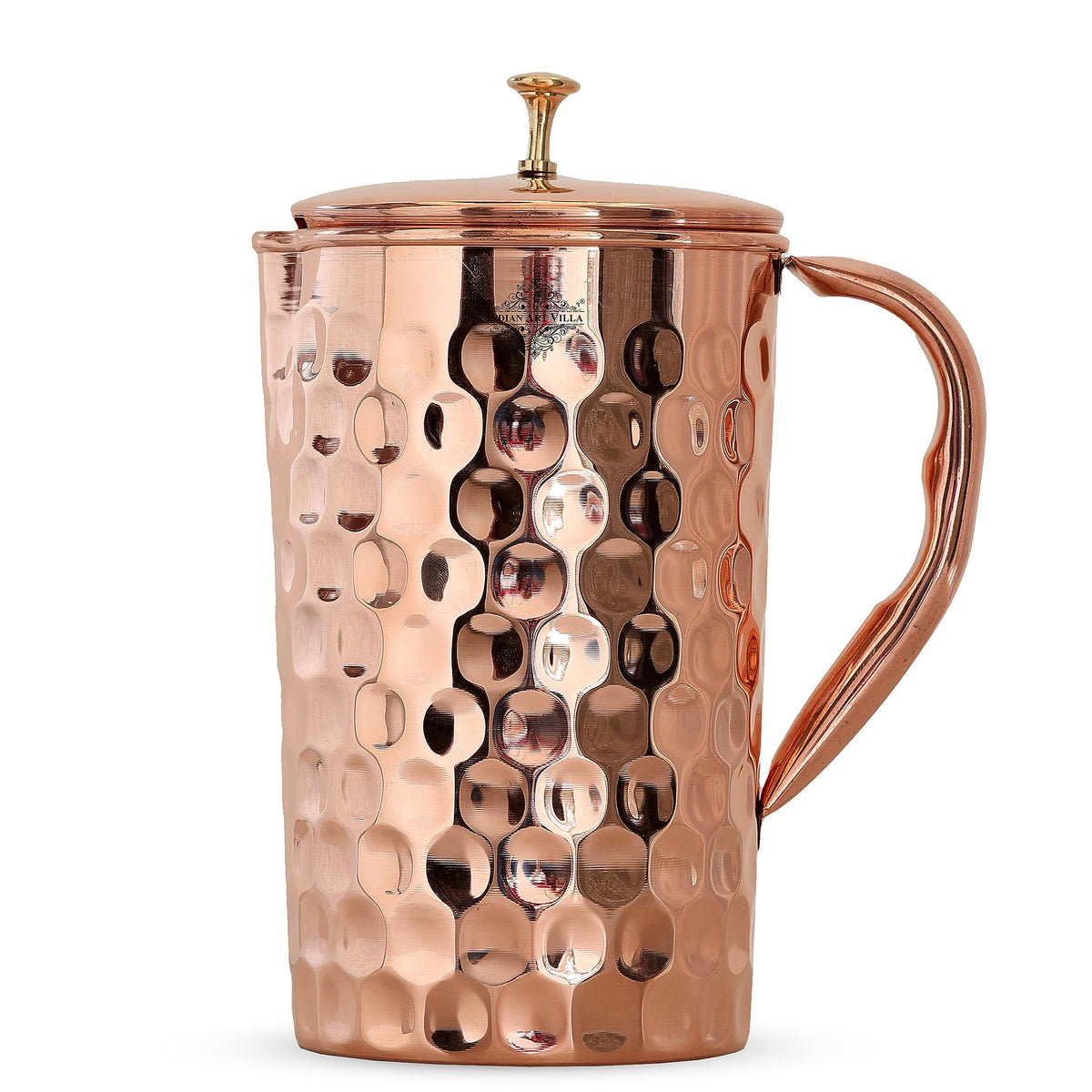 Indian Art Villa Diamond Design Copper Jug Pitcher with Brass Knob, Storage & Serving Water, Yoga Ayurveda Healing, Volume- 2000 ML