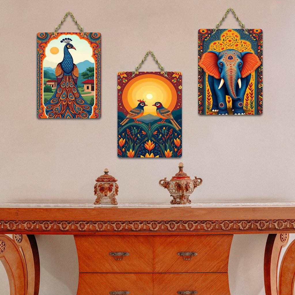 Artvibes Elephant Birds And Peacock Aesthetic Modern Art Decorative Wall Art MDF Wooden Wall Hanger for Home | Home Decor | Wall Accent | Wall Illustrations | Ideal Gifts (WH_9640N), Set of 3