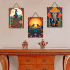 Artvibes Elephant Birds And Peacock Aesthetic Modern Art Decorative Wall Art MDF Wooden Wall Hanger for Home | Home Decor | Wall Accent | Wall Illustrations | Ideal Gifts (WH_9640N), Set of 3