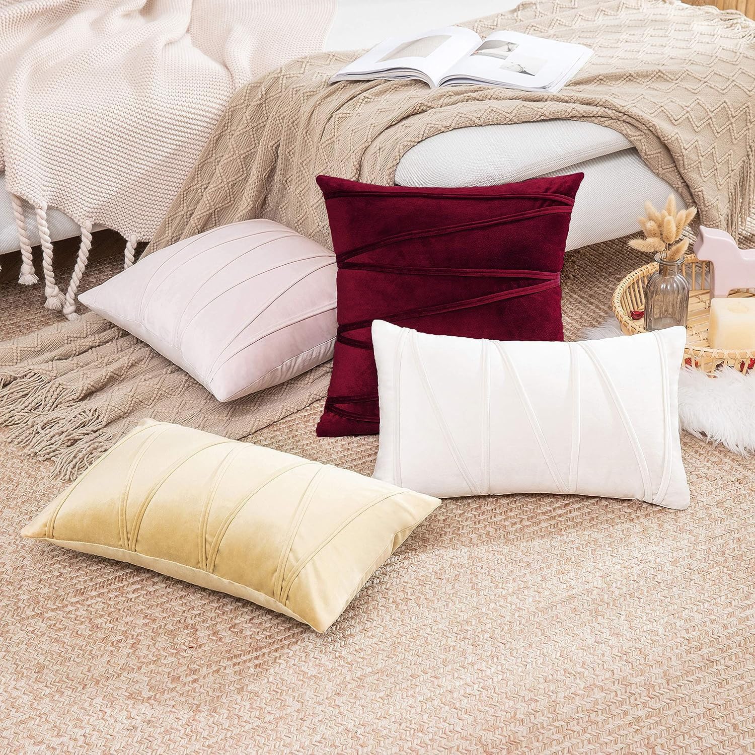 Khooti Velvet Striped Cushion Cover Pack of 1-16 x 16 / 41 x 41 cm | Red | Soft Pillow Covers Cushion Case for Sofa Bedroom Livingroom Chair Car, Cushion Cover with Zig Zag Pattern