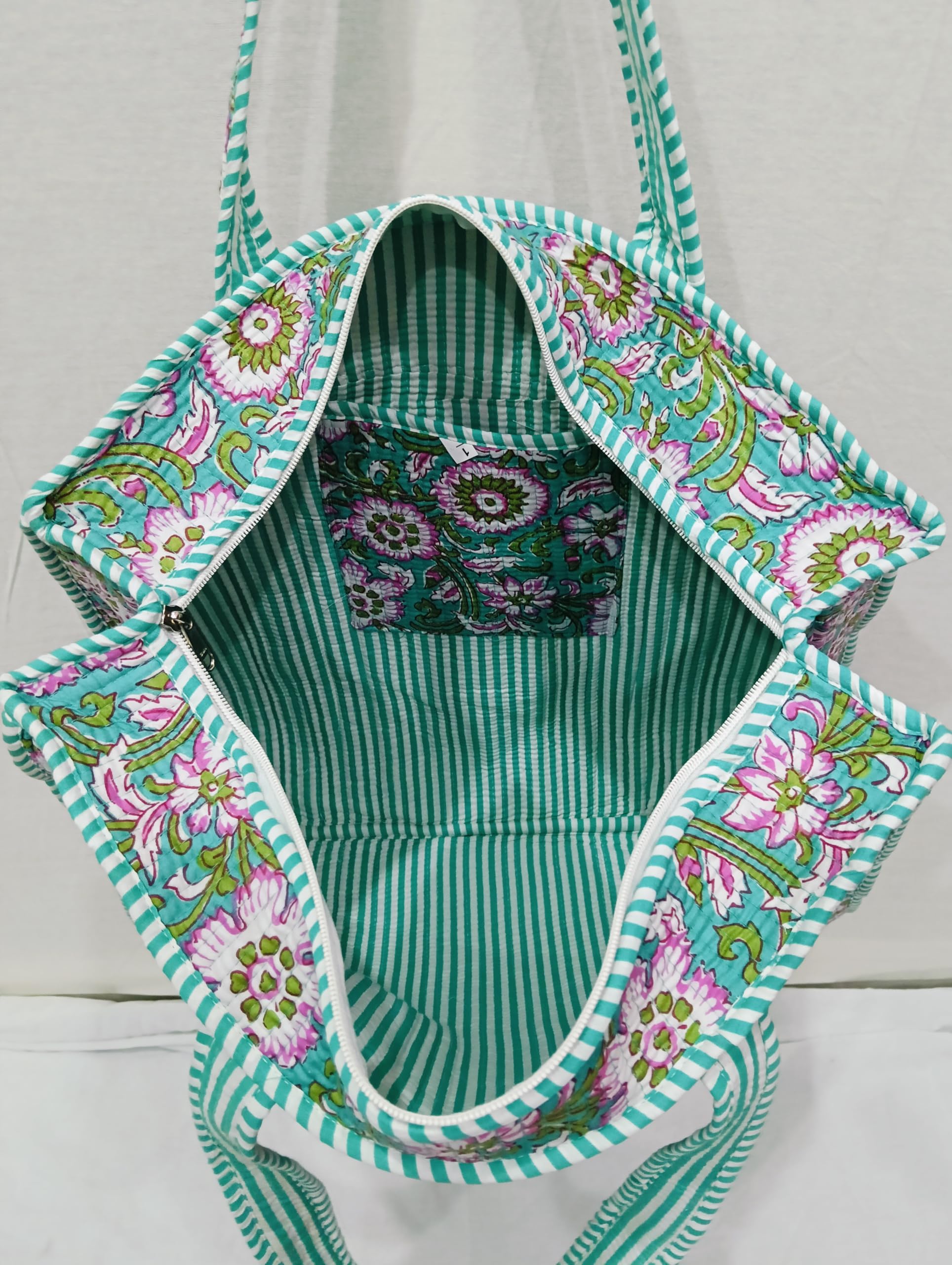 Doraya Cotton Printed Tote Bag,Hand Bag Multicolor Quilted Hand Block Floral Printed Women's Carry Bag Shoulder Shopping Tote Bags 18x5.5x16 Inch (Sea Green 2)
