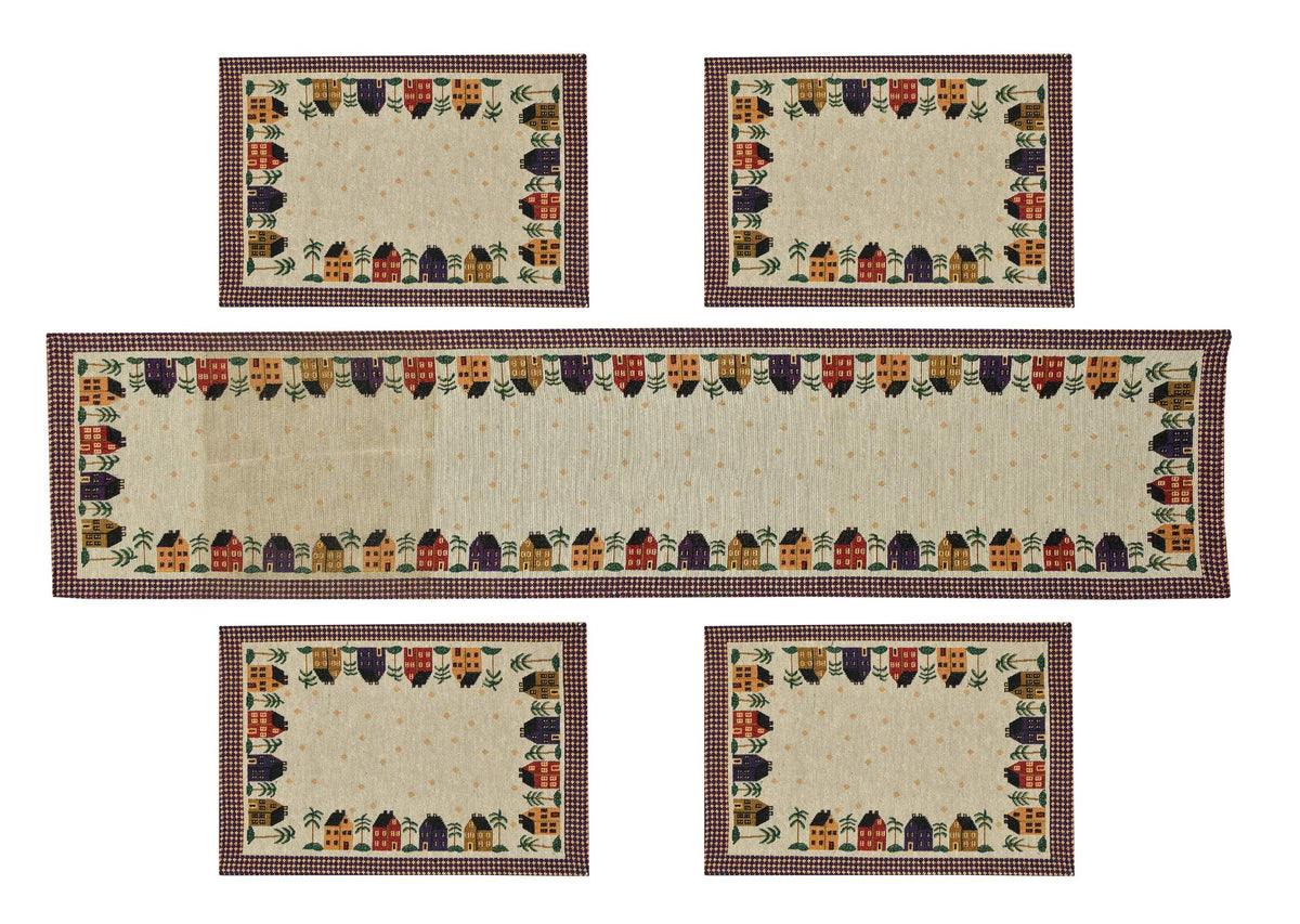 Galaxy Home Decor Washable Cotton Linen Jacquard Fabric Rectangular Dining Table Mats, 4 Pieces with Runner (Multicolor, Hut Design Mat 13x18 inches and Runner 13x54 inches) Kafalo