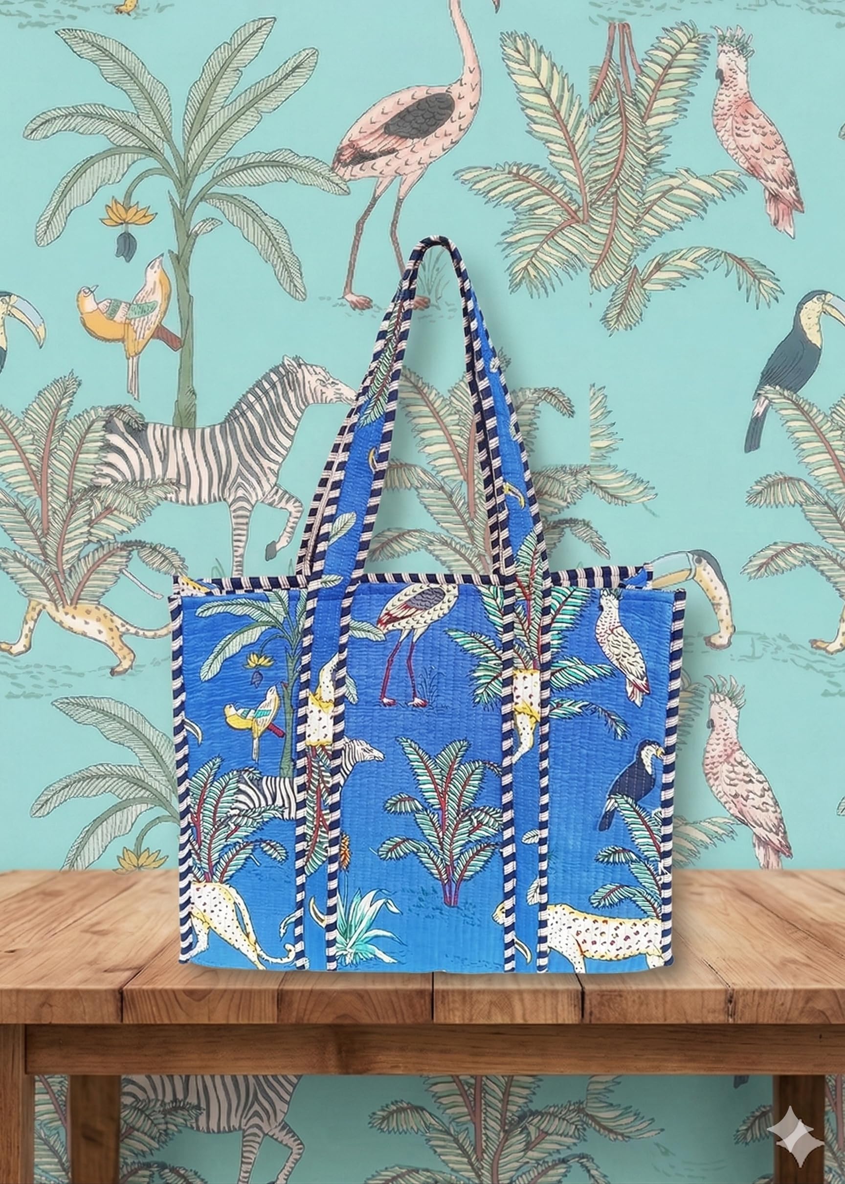 Rastogi Handicrafts Quilted Cotton Women Beautiful Printed Grocery Shopping Bag, Shoulder Bag, Tote Bag, Travel Bags, Blue, 18X6X15 Inch
