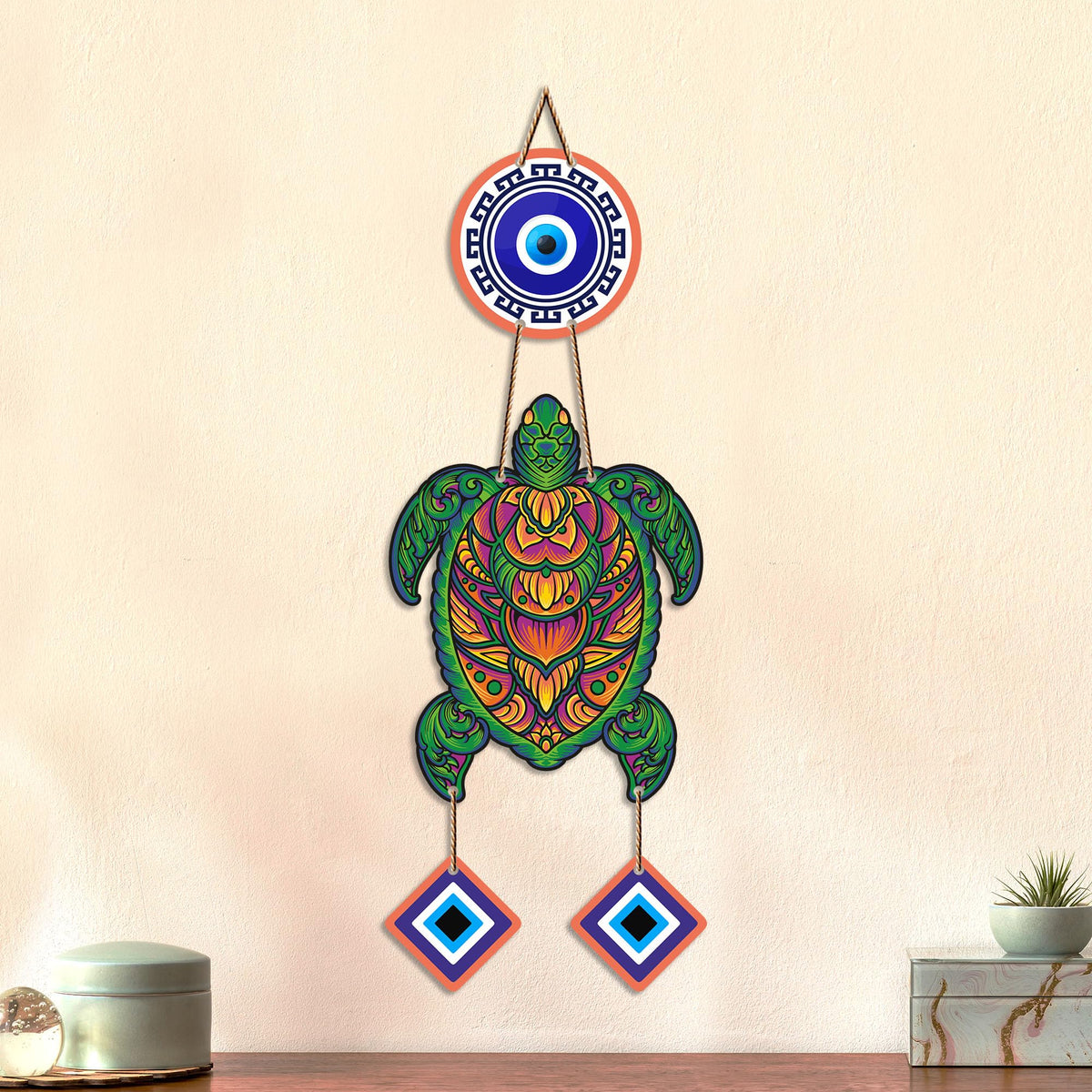 Artvibes Sea Turtle Evil Eye Wall Hanging for Home Entrance | Nazar Battu MDF Wall Decor | Lucky Vastu Wall Art for Living Room | Bedroom | Office | Balcony & Main Door | Unique Gift Item (WH_8539N)