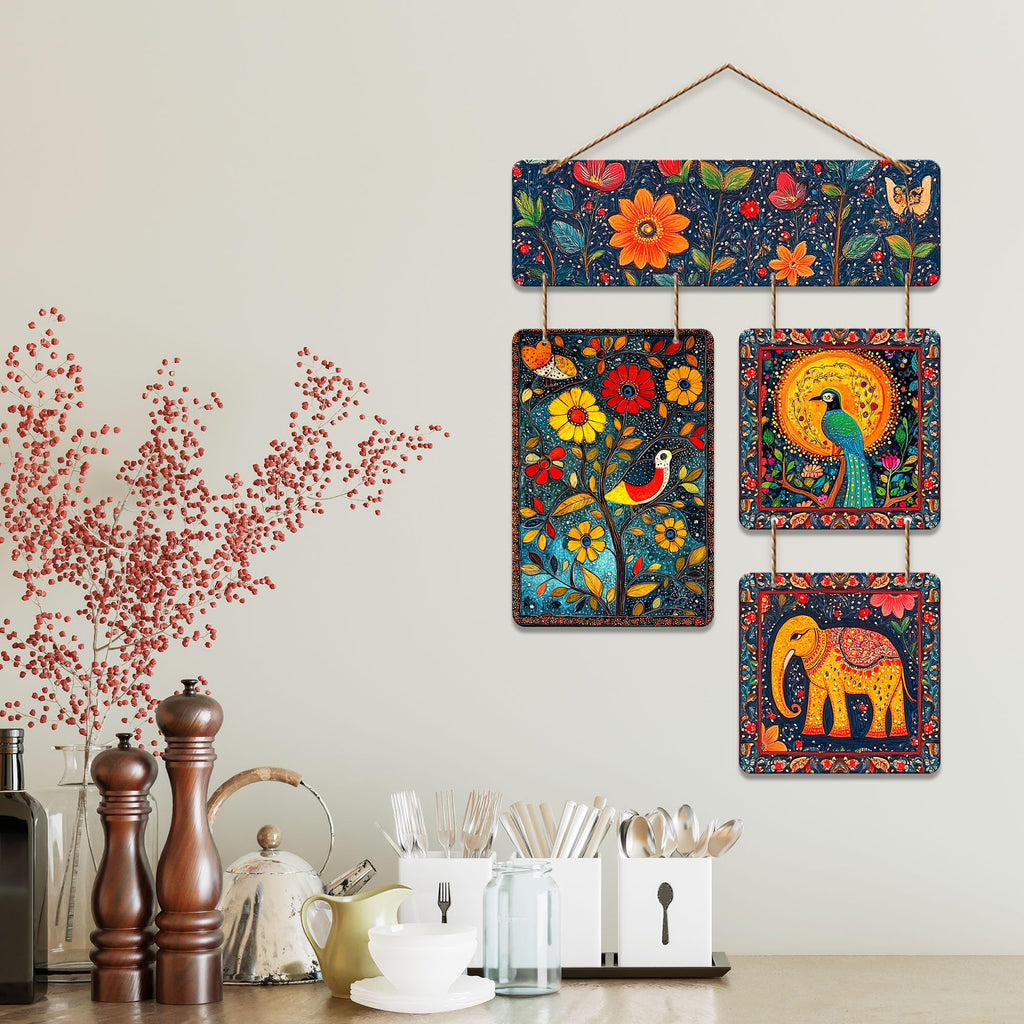 Artvibes Floral Peacock & Elephant Indian Folk Art Wooden Art Decoration Item for Home | Living Room | Office | Wall Art Painting For Hall | Graphic Artwork | Wall Poster | Unique Gift (WH_6530N)