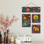 Artvibes Floral Peacock & Elephant Indian Folk Art Wooden Art Decoration Item for Home | Living Room | Office | Wall Art Painting For Hall | Graphic Artwork | Wall Poster | Unique Gift (WH_6530N)