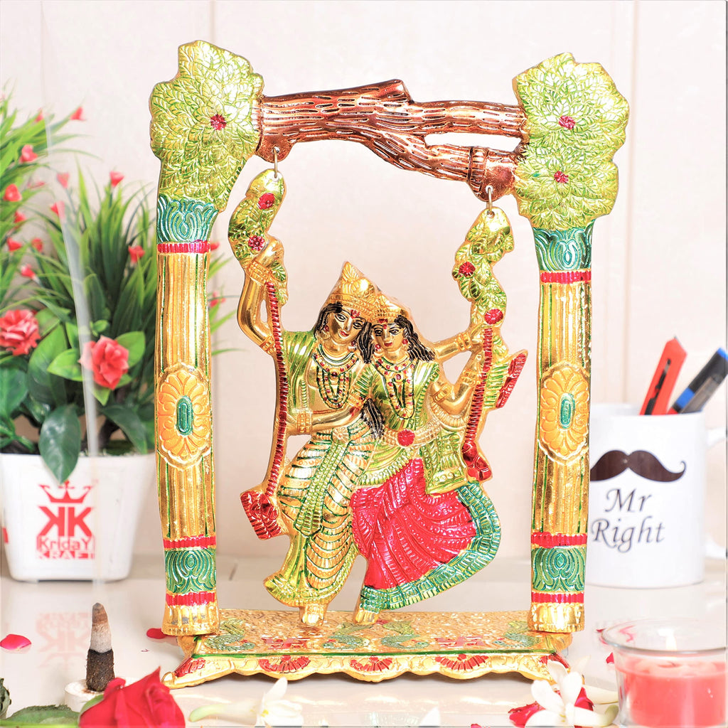 KridayKraft Metal Colourfull Radha Krishna Idol on Swing Jhula Decorative Showpiece Figurine Religious Idols for Home Office Statue Murti for Decoration & Pooja Gifting Purpose Sculpture