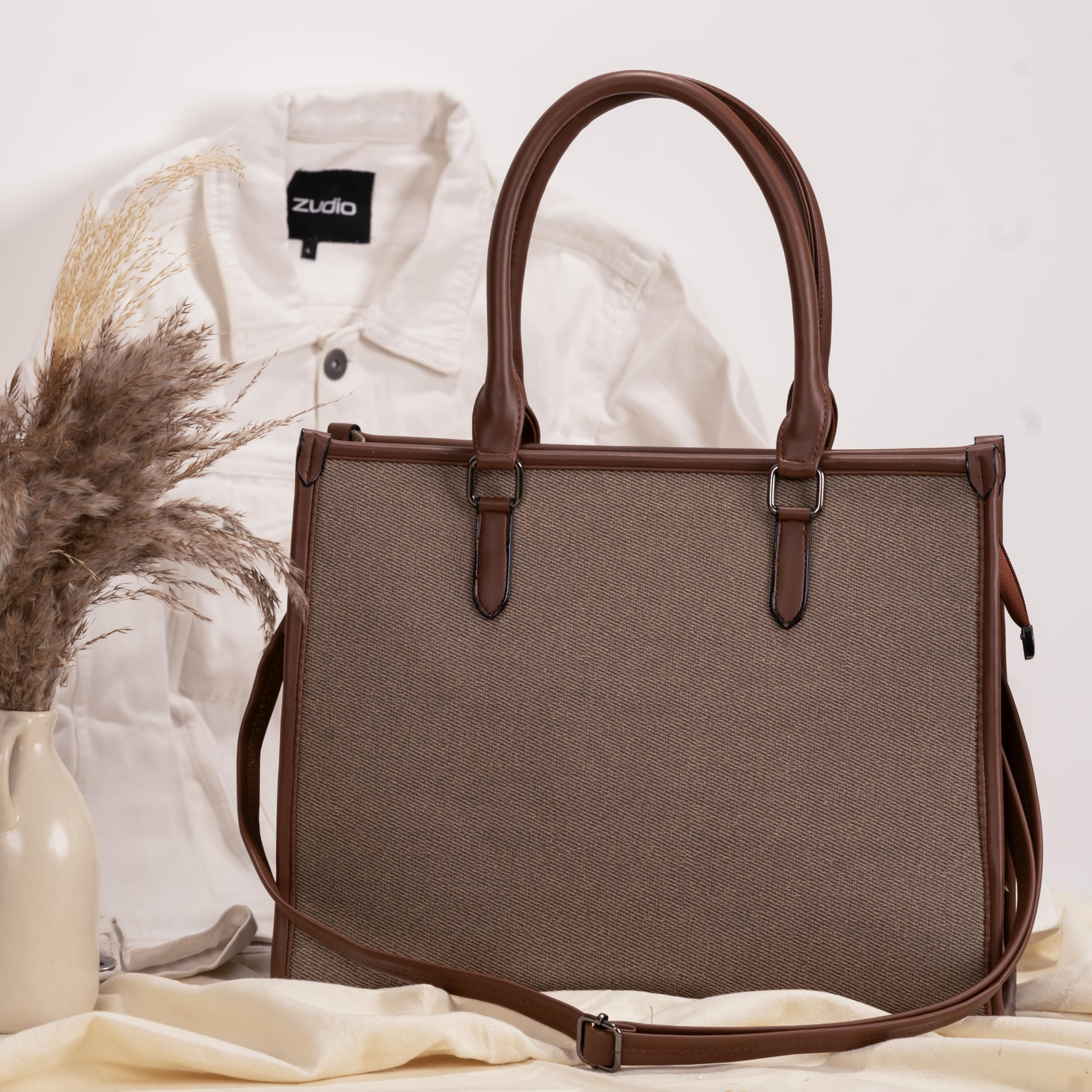 KIVOLEX Women's Large Jute Tote Bag | Fits Upto 14 Laptop | Adjustable & Detachable Sling Strap + Top Handles | Eco-Friendly & Durable | Office, Work, College & Travel Bag (Golden)