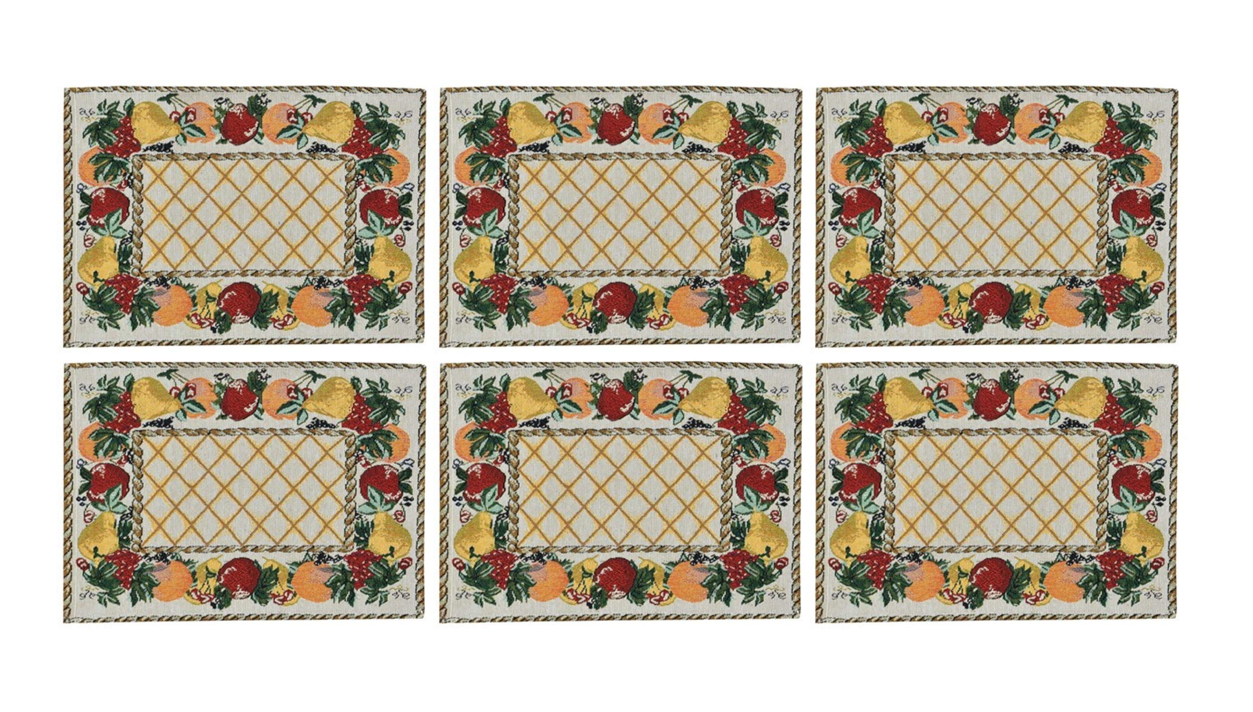 Galaxy Home Decor Dining Table 6 Table Mats ( Mat 13x18 inches ) Washable Cotton Linen Mat Jacquard Fabric, Multicolor (Fruits Design, 6 Mats) Kafalo