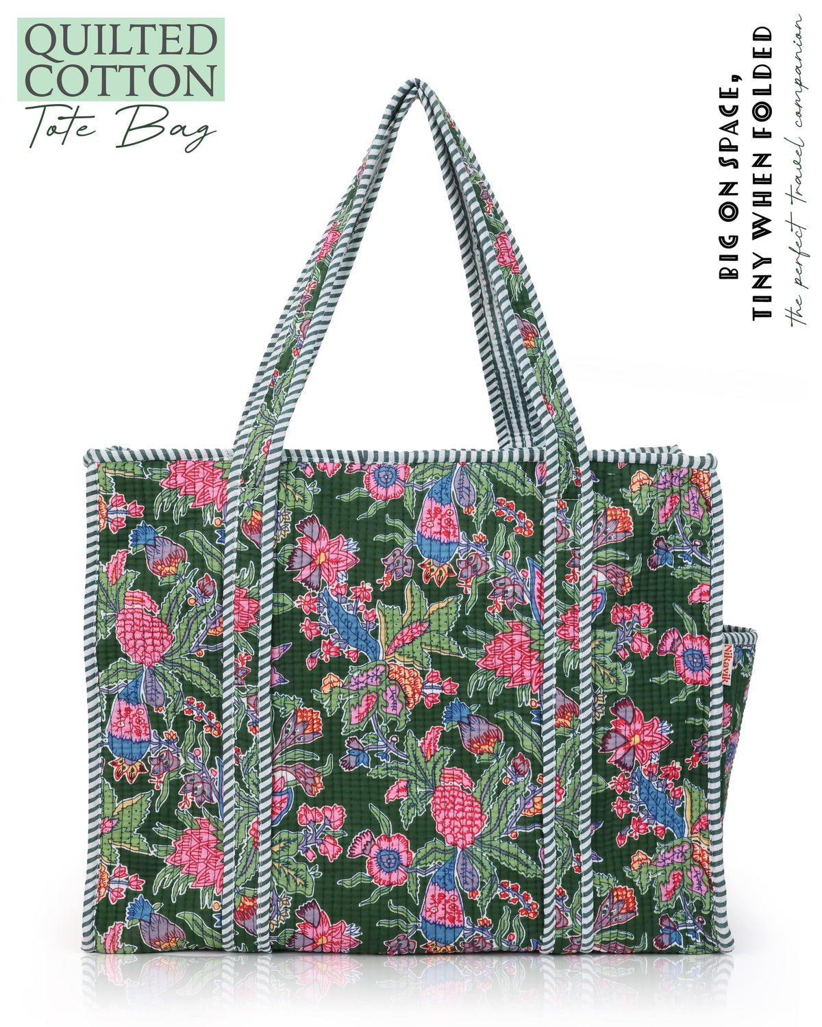 NIKAVIK Quilted Cotton Jaipuri Tote bag (with seperate Bottle Pocket & Zip) – Exotic Animal Print Foldable and Ideal for Travel Shopping Beach Trips or Daily Essentials (Green Multi)