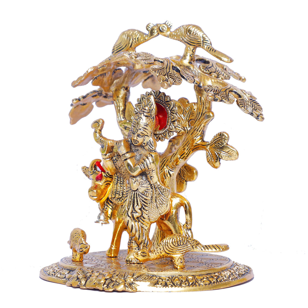 KridayKraft Krishna Playing Flute with Kamdhenu Cow Standing Under Tree Metal Statue for Pooja & Home Office Religious Idol Decorative Showpiece Table Top Figurines Murti for Decoration & Gift Purpose
