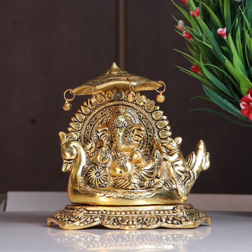 KridayKraft Metal Ganesha Statue Sitting on Boat, ganpati Bappa Religious Idol,Metal Ganesh ji Showpiece Figurines- Medium, Gold