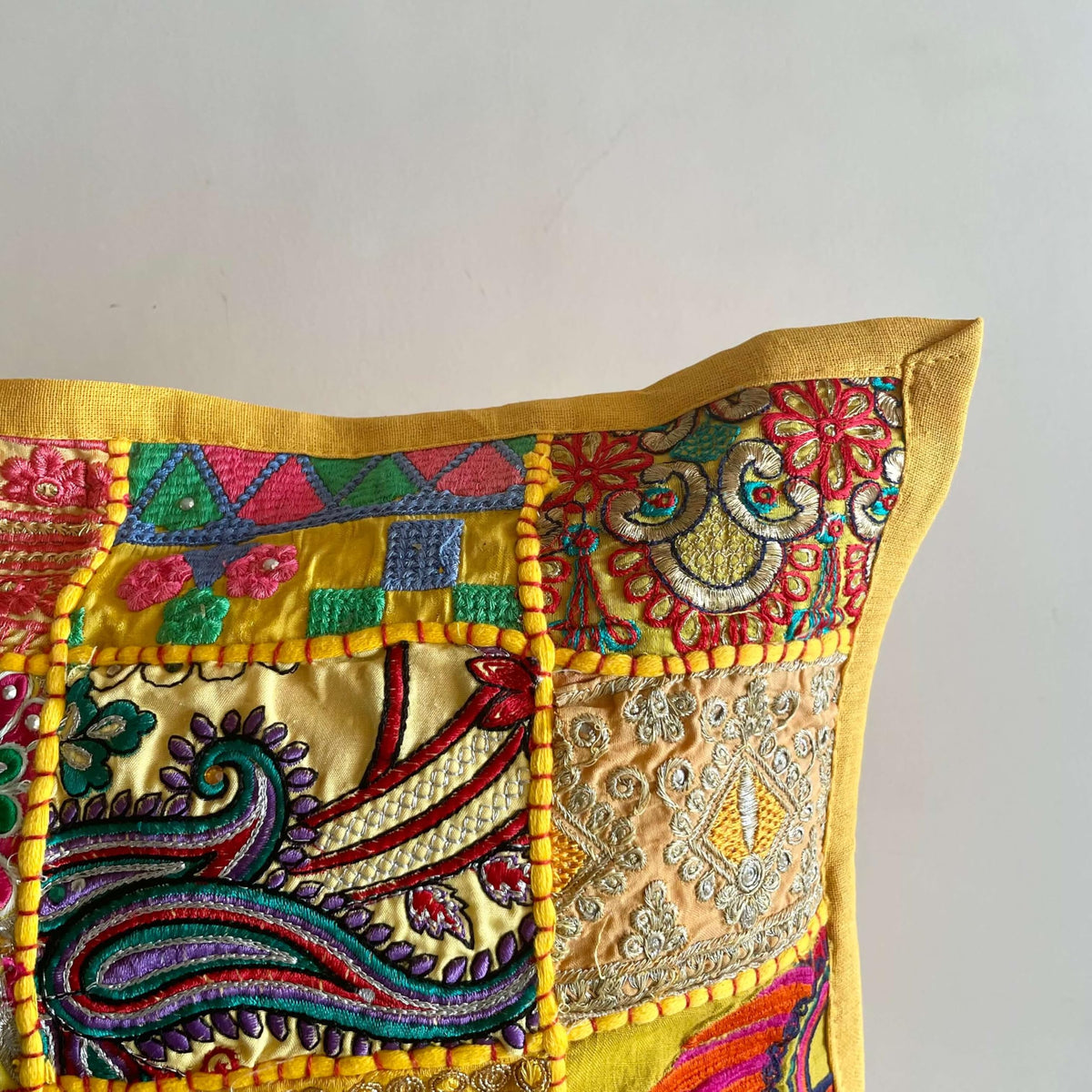 ATRANGI STUDIO Patchwork Cushion Covers - Set of 2 | Handcrafted Khambadiya Patchwork | Rajasthani Art Pillow Cover | Ethnic Cushion Covers for Sofa, Bed & Home Decor | 16x16 Inch, Yellow