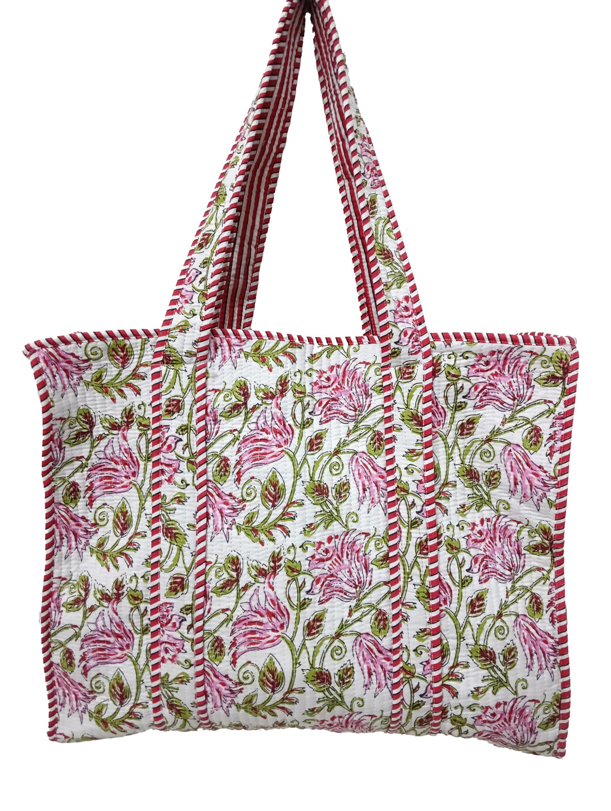 Doraya Cotton Printed Tote Bag,Hand Bag Multicolor Quilted Hand Block Floral Printed Women's Carry Bag Shoulder Shopping Tote Bags 18x5.5x16 Inch (White 2)