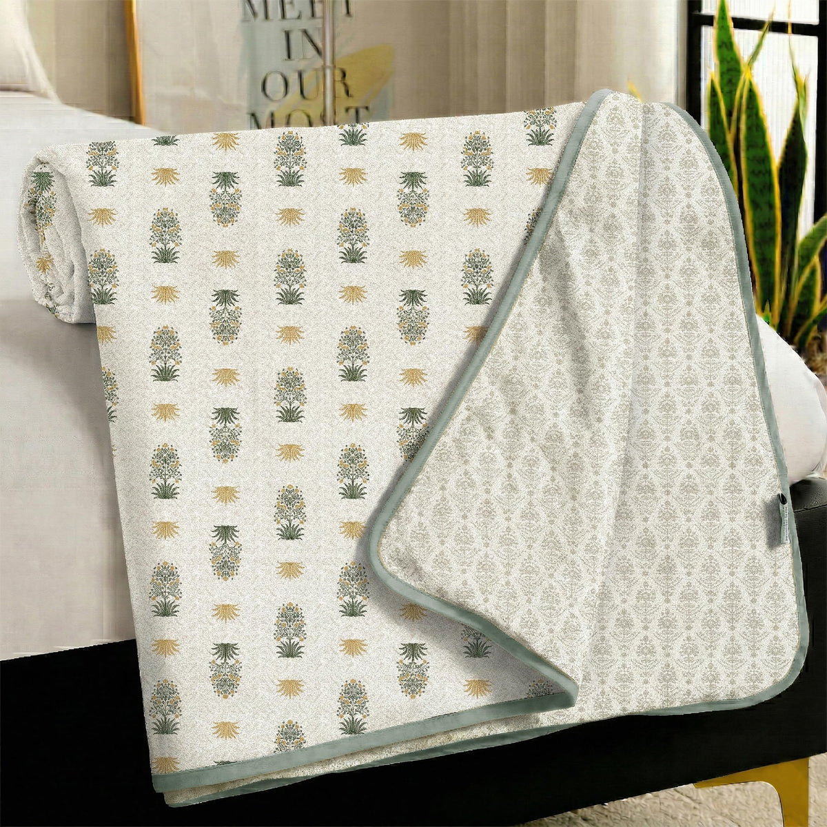 Story@Home Dohar Single Bed Cover Cotton 100% | 150GSM 144 x 220 CM Quilt AC Blanket for Summer | AC Comforter Double Bed | Green & White, Motif Reversible Design Duvet | All-Season Blanket Kafalo