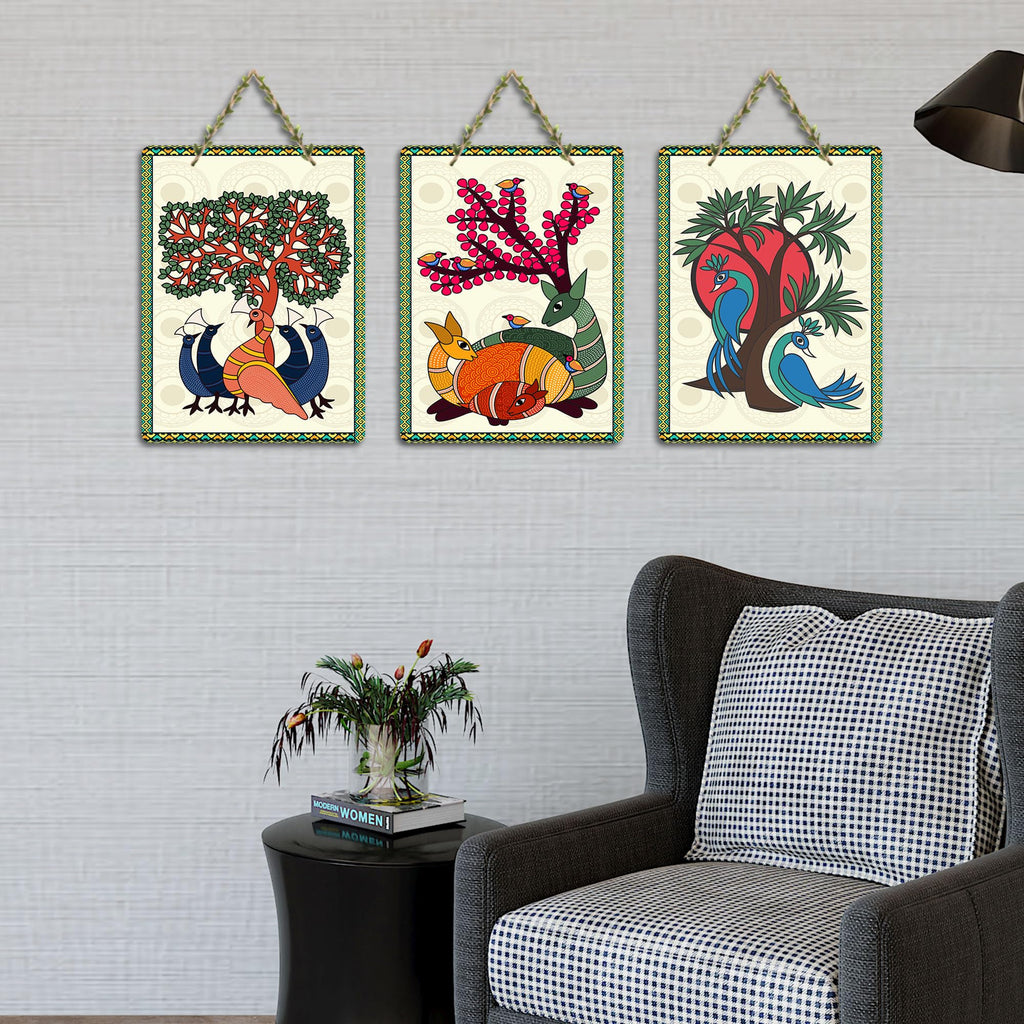Artvibes Tree, Bird & Animal Theme Madhubani Art Wooden Art Decoration Item for Home | Garden Balcony | Decoration Wall Hanging Items | Trendy Decor | Wall Poster | Unique Gift (WH_96161N), Set of 3