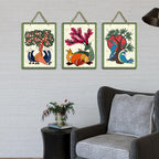 Artvibes Tree, Bird & Animal Theme Madhubani Art Wooden Art Decoration Item for Home | Garden Balcony | Decoration Wall Hanging Items | Trendy Decor | Wall Poster | Unique Gift (WH_96161N), Set of 3