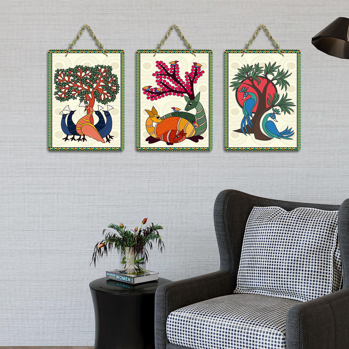 Artvibes Tree, Bird & Animal Theme Madhubani Art Wooden Art Decoration Item for Home | Garden Balcony | Decoration Wall Hanging Items | Trendy Decor | Wall Poster | Unique Gift (WH_96161N), Set of 3