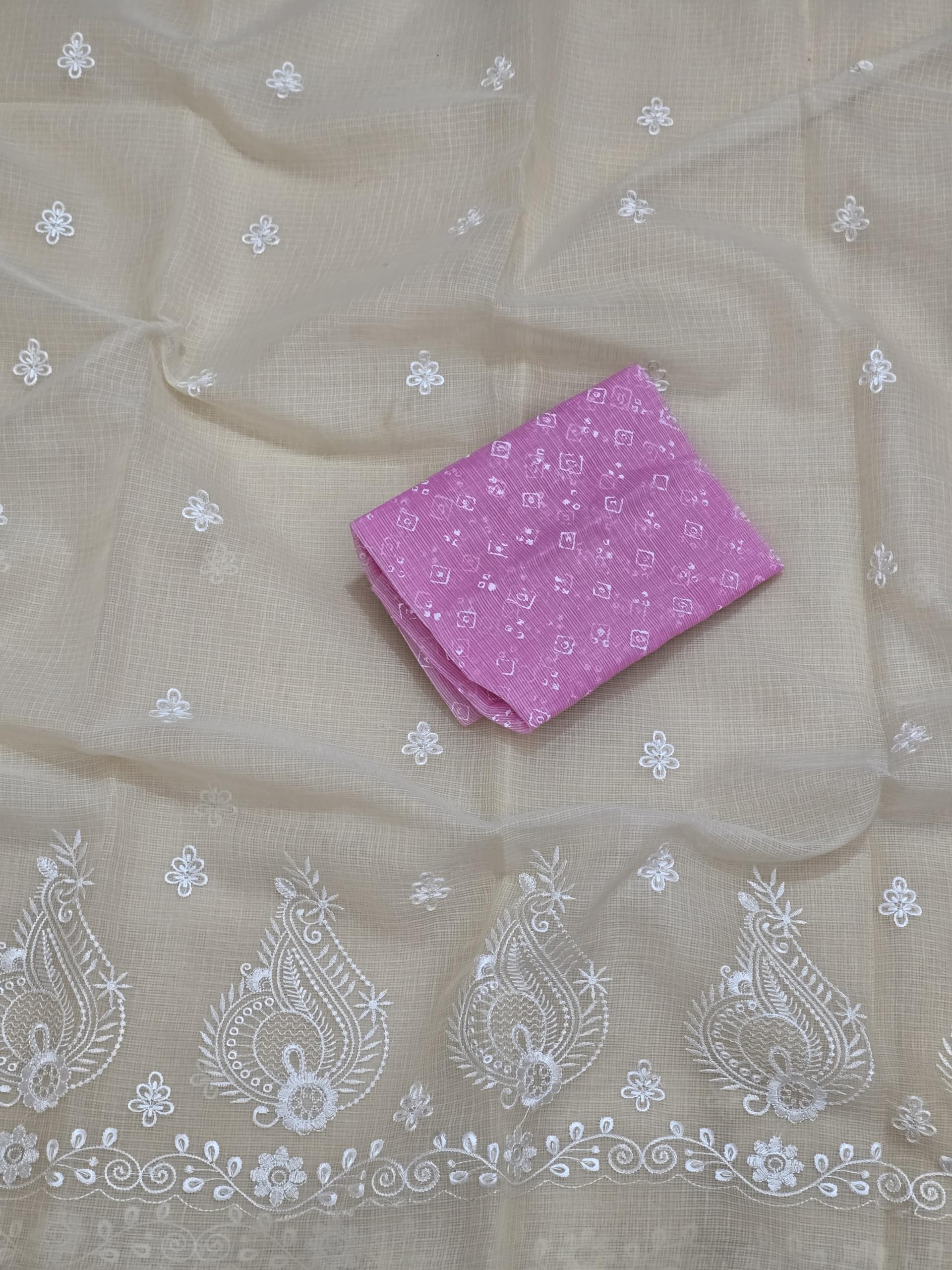SUNEHRIDORIA Women’s Kota Doria Embroidery Saree with Blouse | Lightweight Soft Cotton Blend Kota Doria Saree | White Chikankari Style Thread Work Saree for Women (Cream)